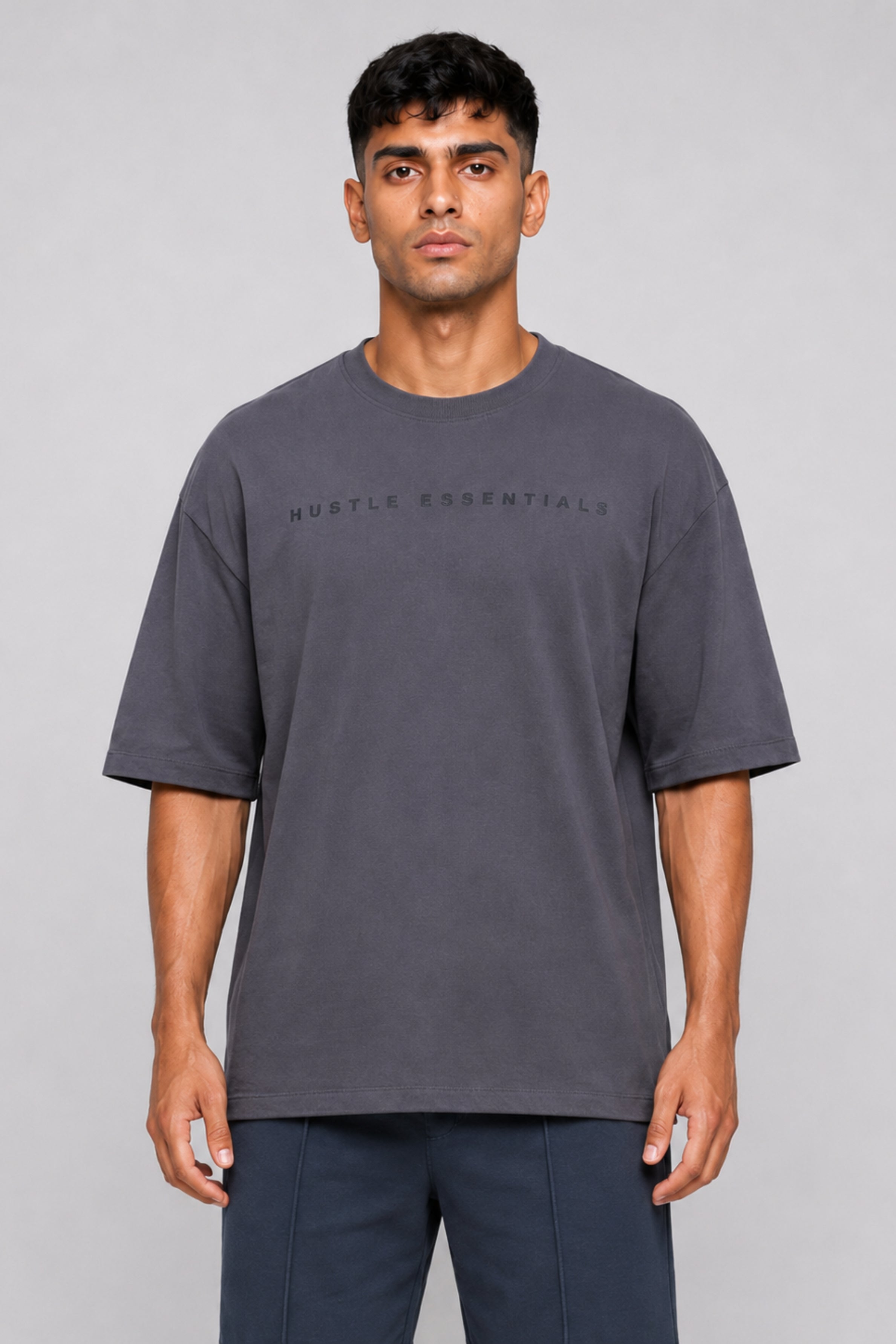 HUSTLE Men's Crew Neck Oversized Tees - Grey