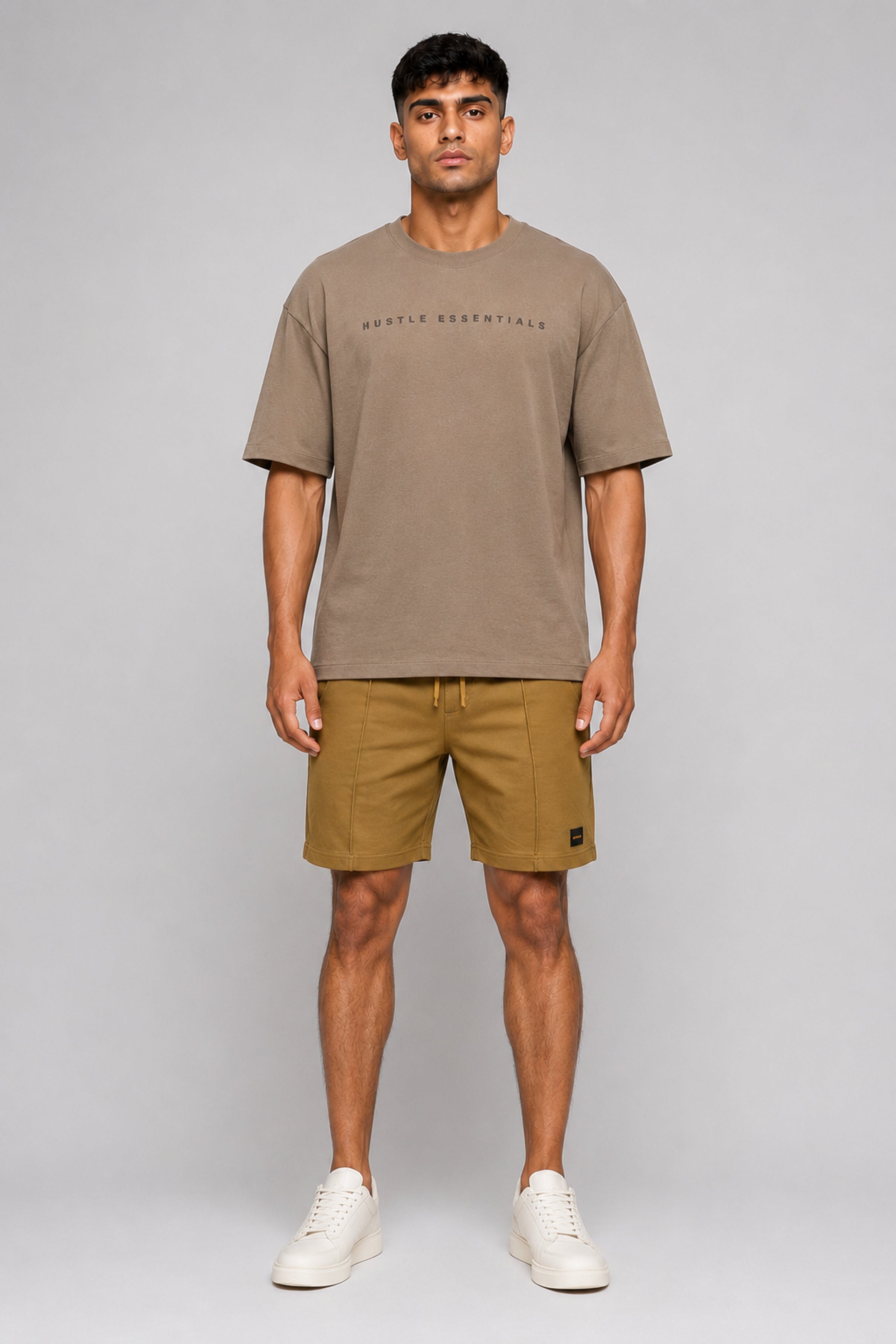 HUSTLE Men's Crew Neck Oversized Tees - Khaki