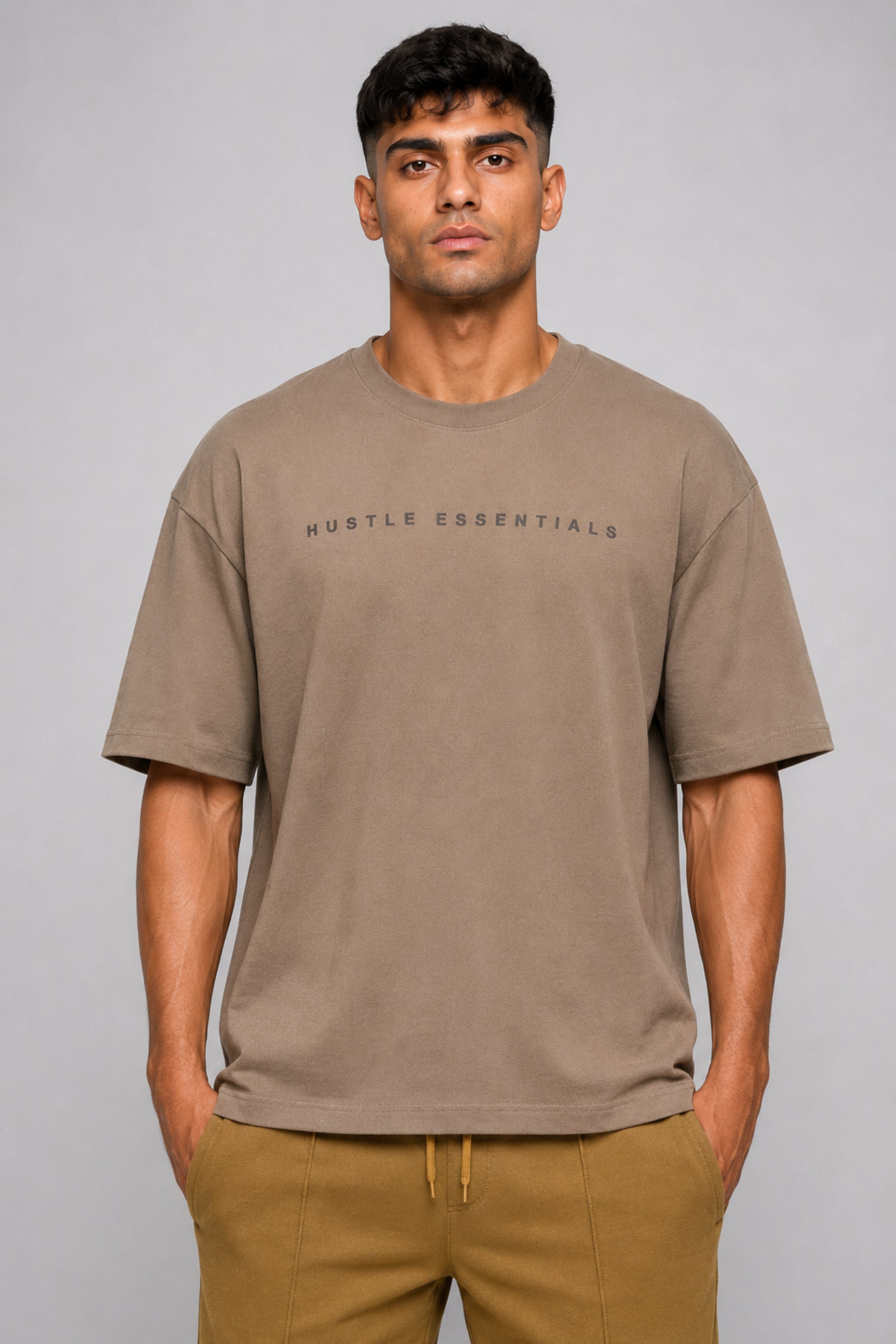 HUSTLE Men's Crew Neck Oversized Tees - Khaki
