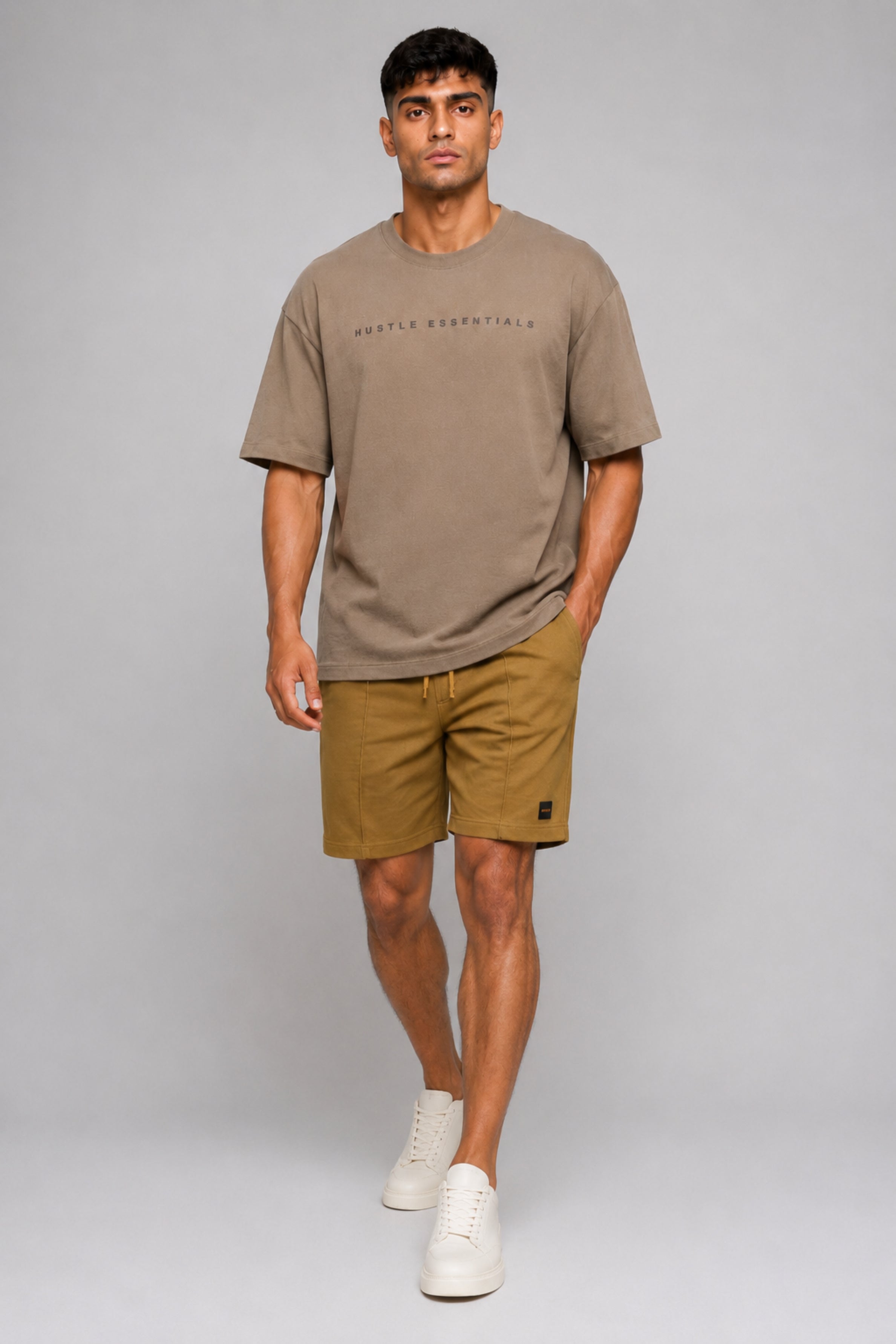 HUSTLE Men's Crew Neck Oversized Tees - Khaki