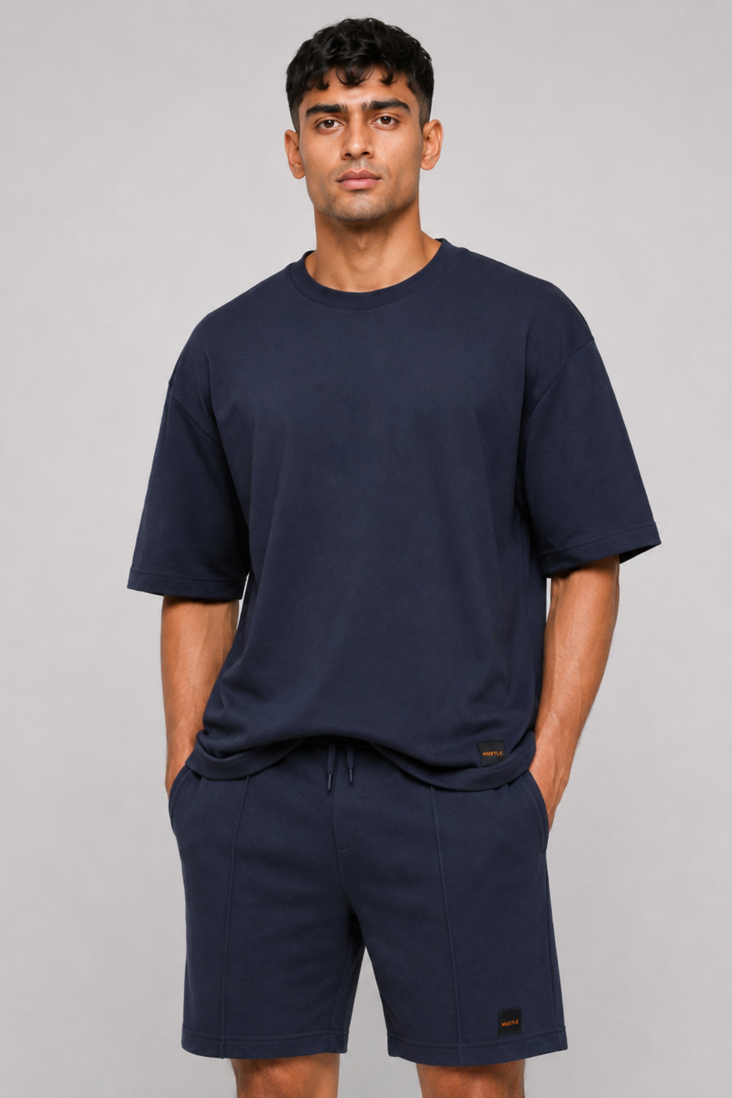 HUSTLE Men's Crew Neck Oversized Tees - Navy