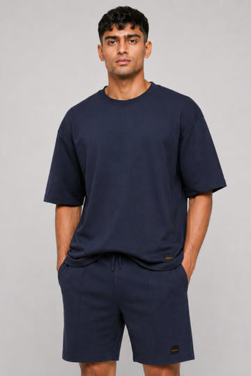 HUSTLE Men's Crew Neck Oversized Tees - Navy
