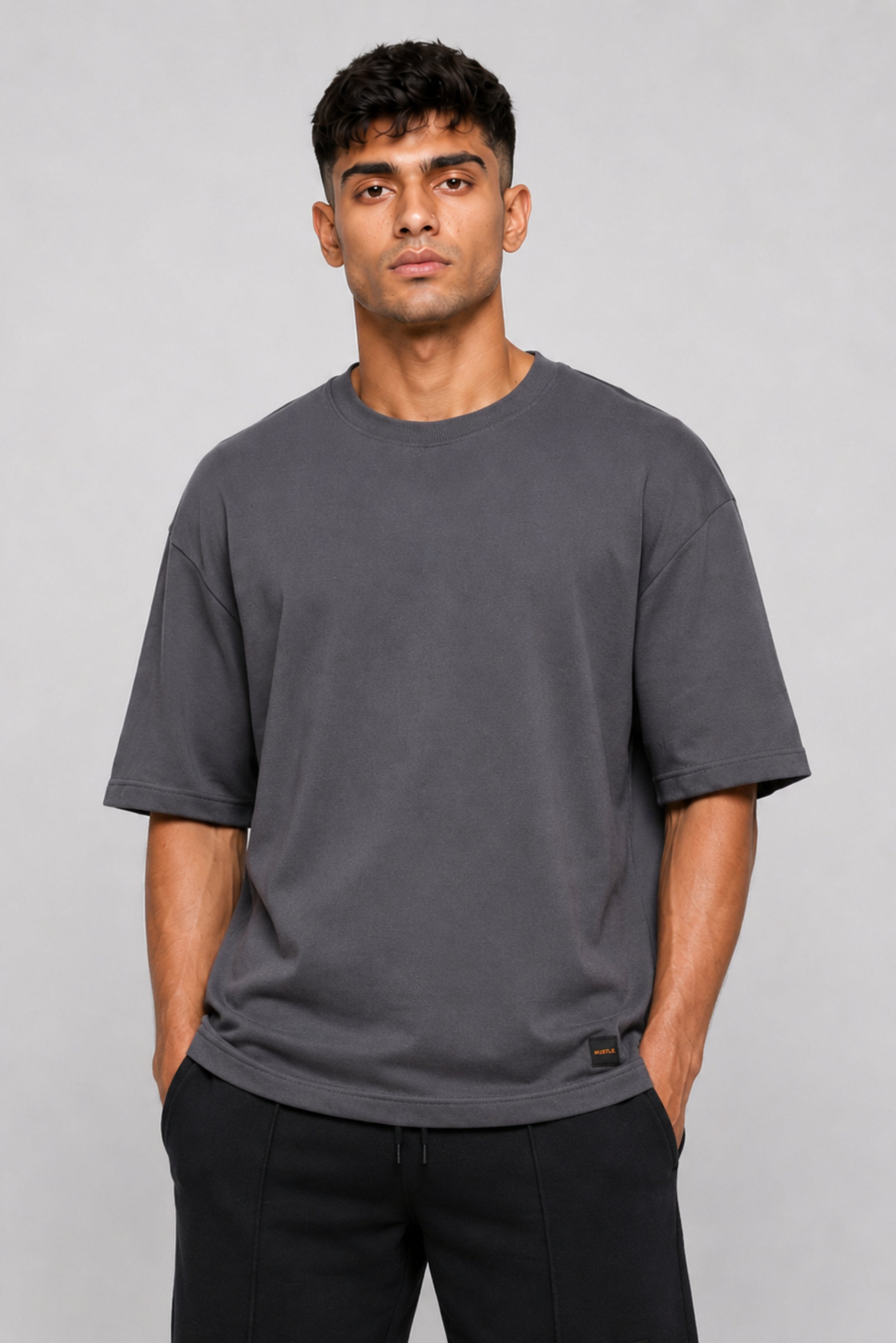 HUSTLE Men's Crew Neck Oversized Tees - Dark Gray