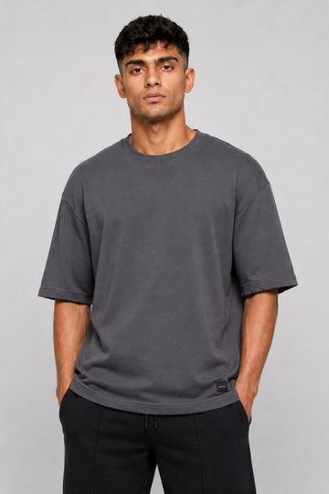 HUSTLE Men's Crew Neck Oversized Tees - Dark Gray