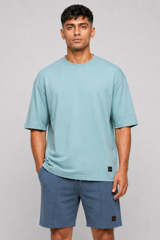 HUSTLE Men's Crew Neck Oversized Tees - Mint Blue