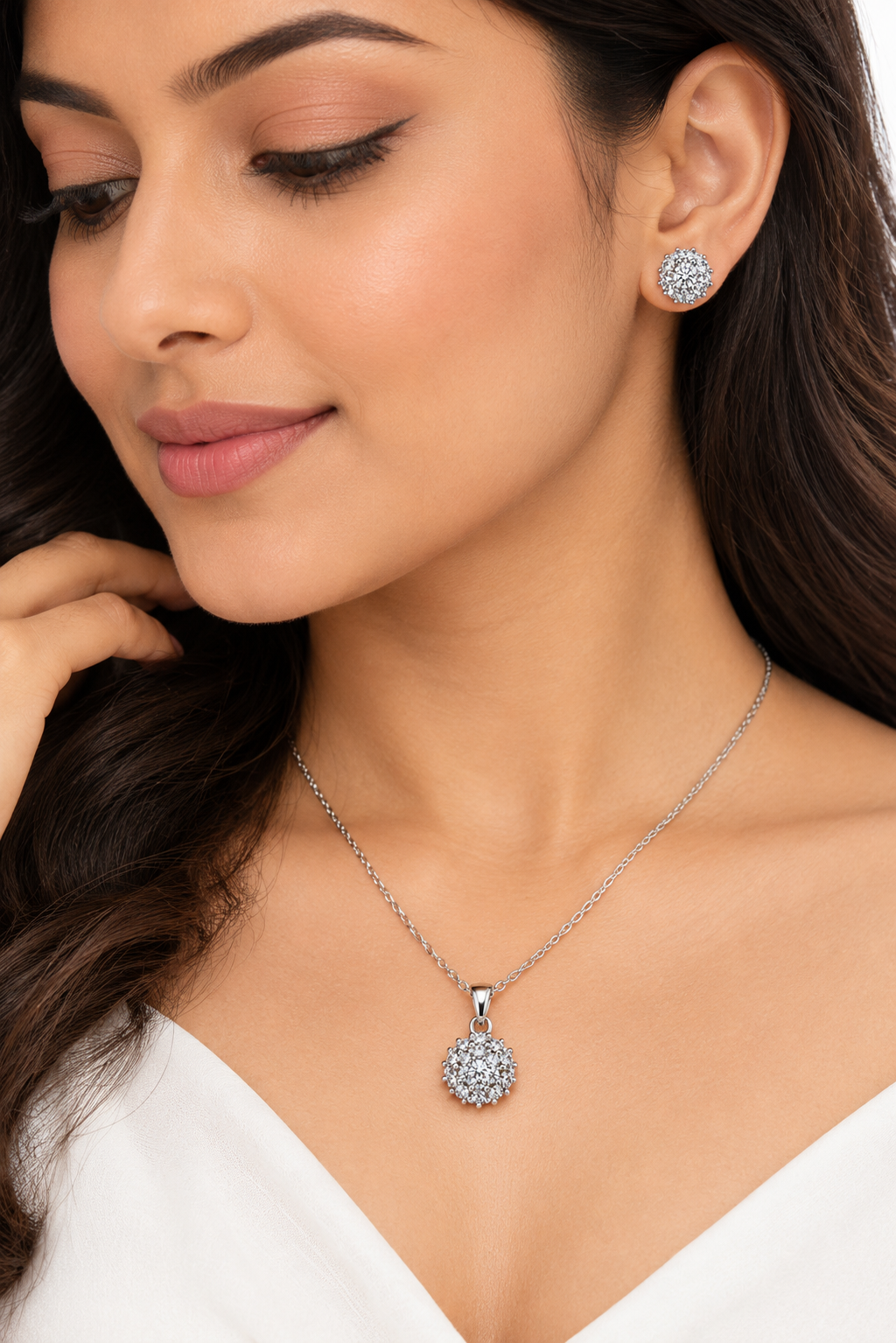 Women's Crystal Cluster Stud Earrings &amp; Pendant Necklace Set – Silver