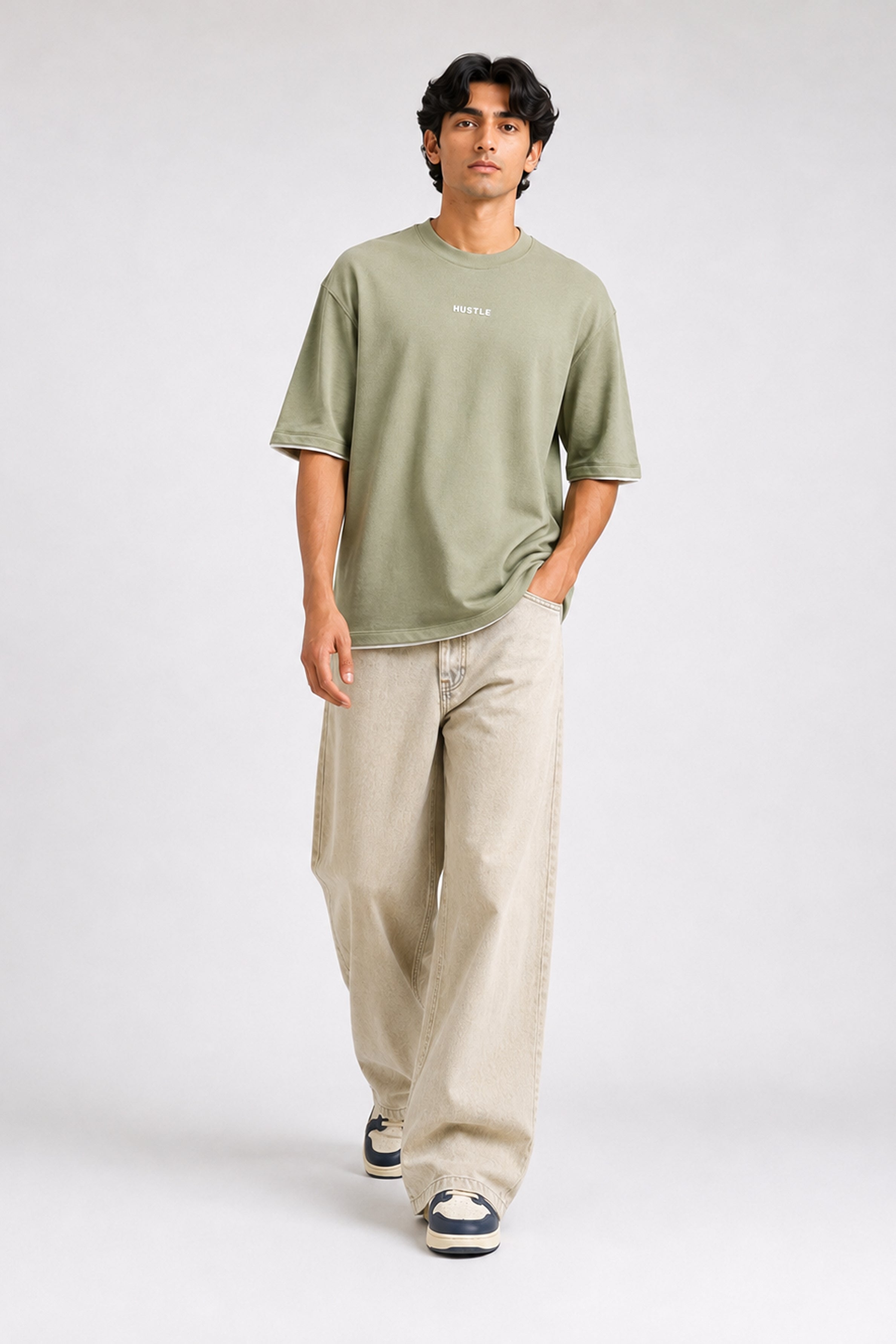 HUSTLE Men's Crew Neck Oversized Tees - Green