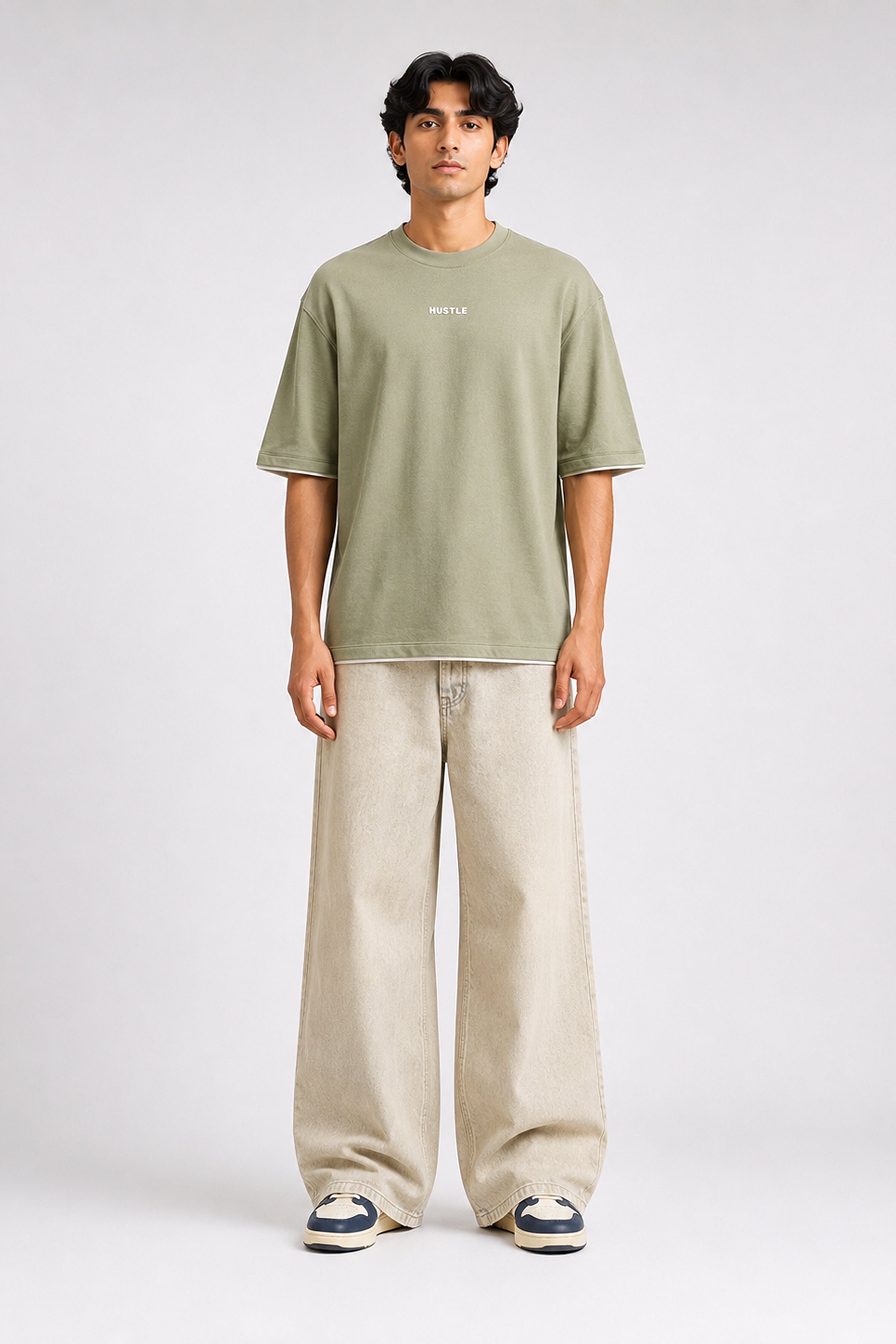 HUSTLE Men's Crew Neck Oversized Tees - Green