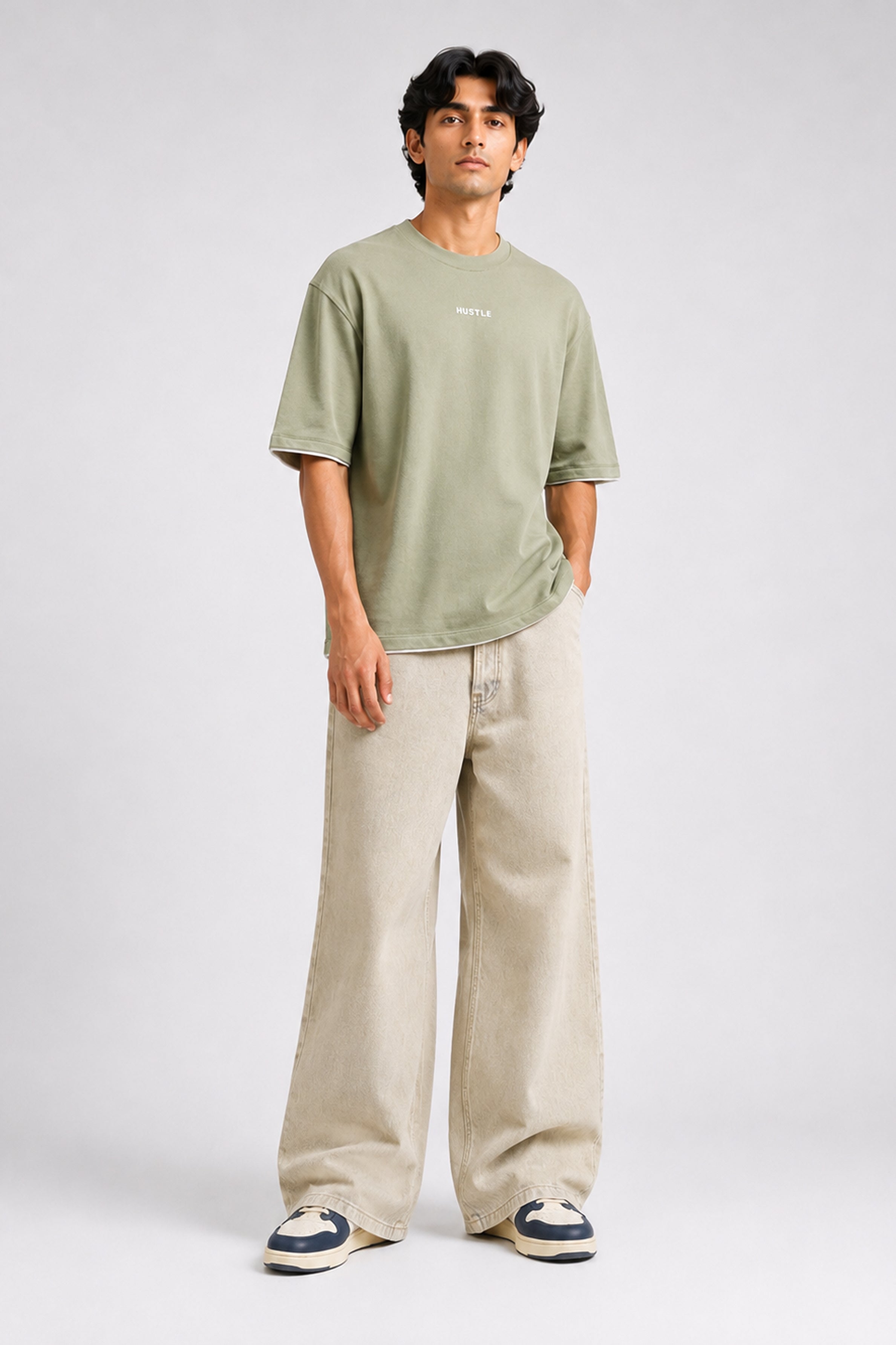 HUSTLE Men's Crew Neck Oversized Tees - Green