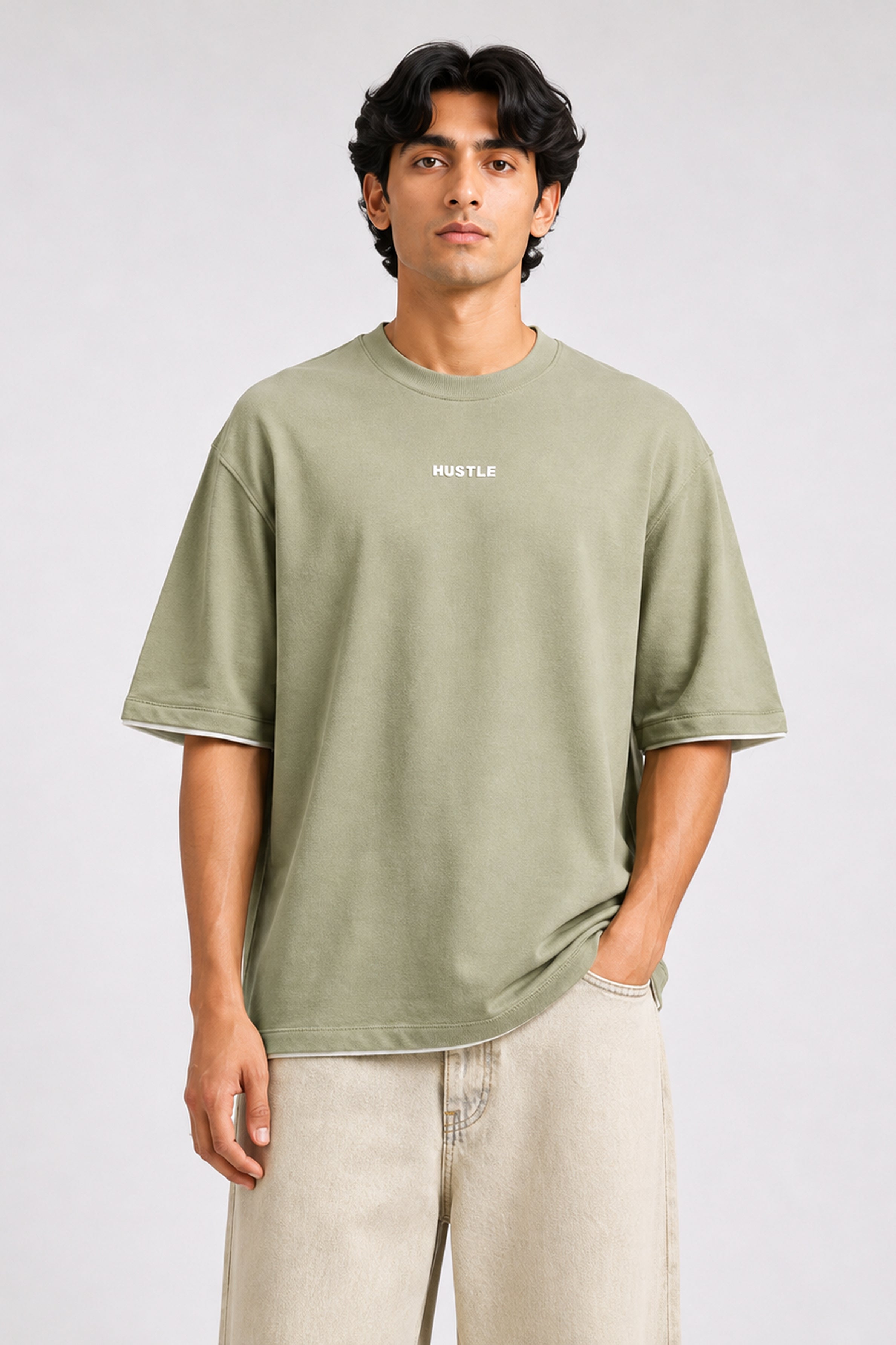 HUSTLE men's green oversized crew neck T-shirt in 220 GSM cotton blend