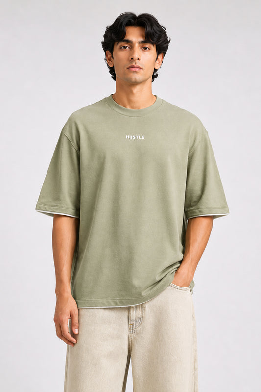 HUSTLE men's green oversized crew neck T-shirt in 220 GSM cotton blend