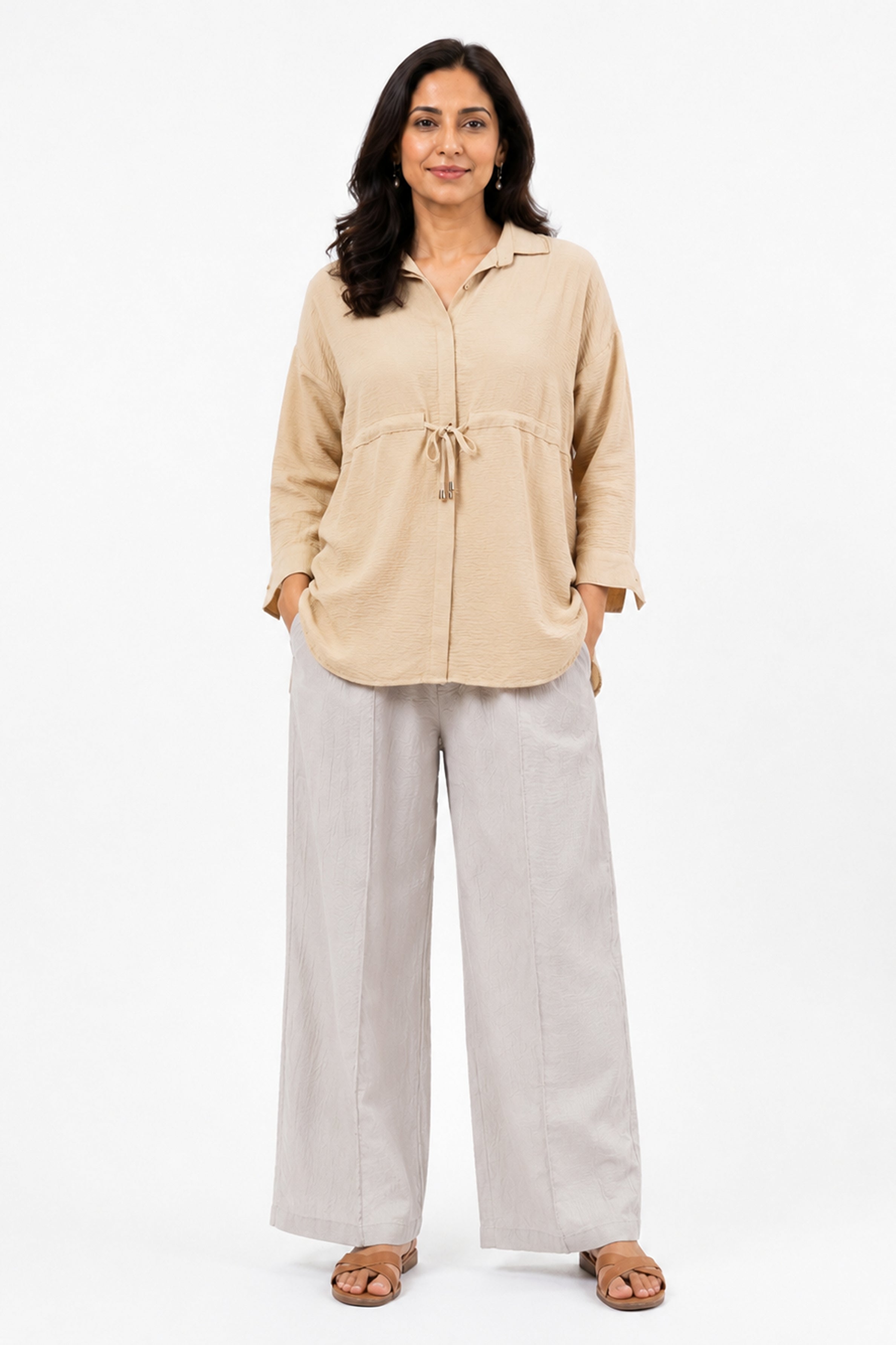 HADA Casual Relaxed Fit Button-Front Peplum Top - Beige