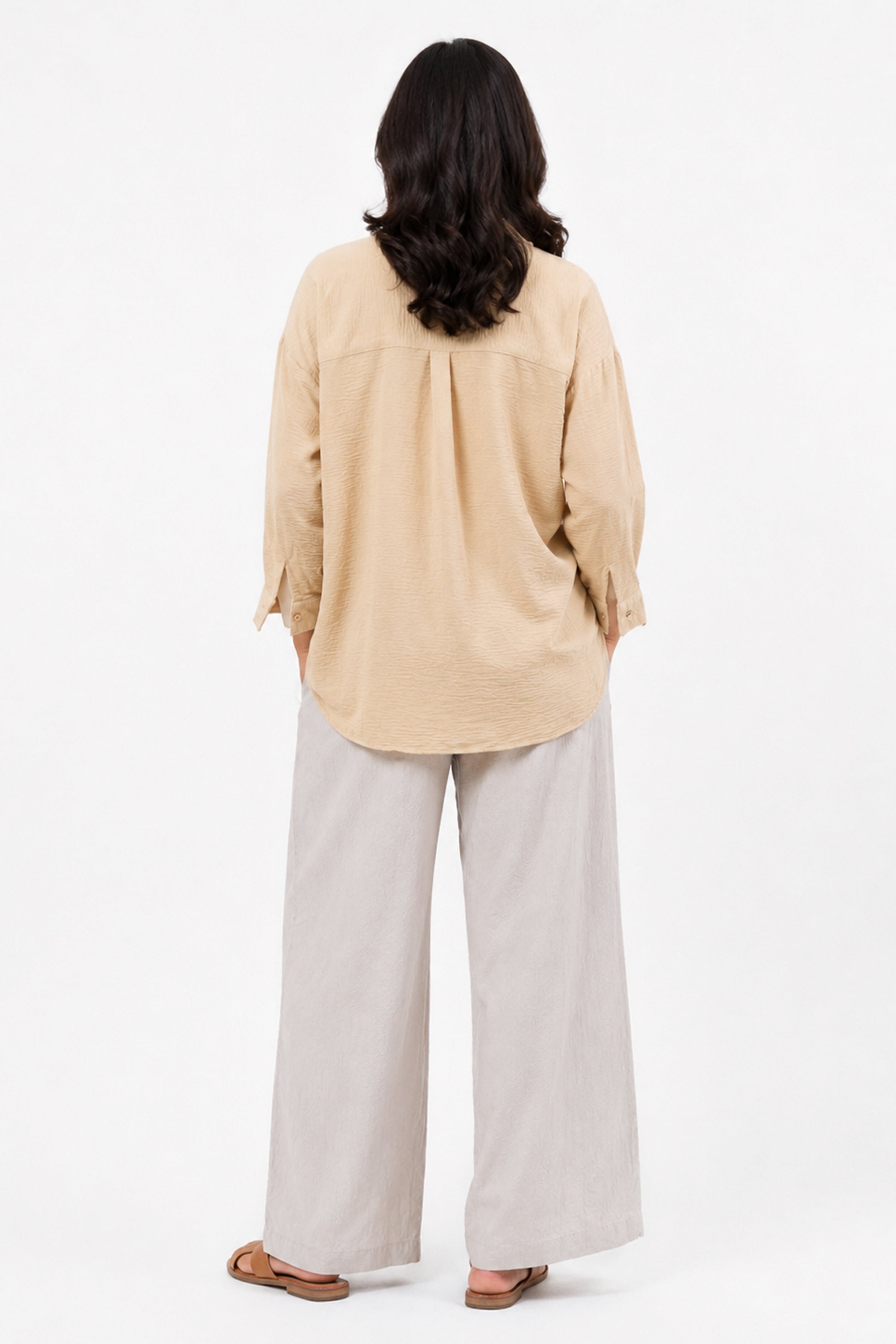 HADA Casual Relaxed Fit Button-Front Peplum Top - Beige