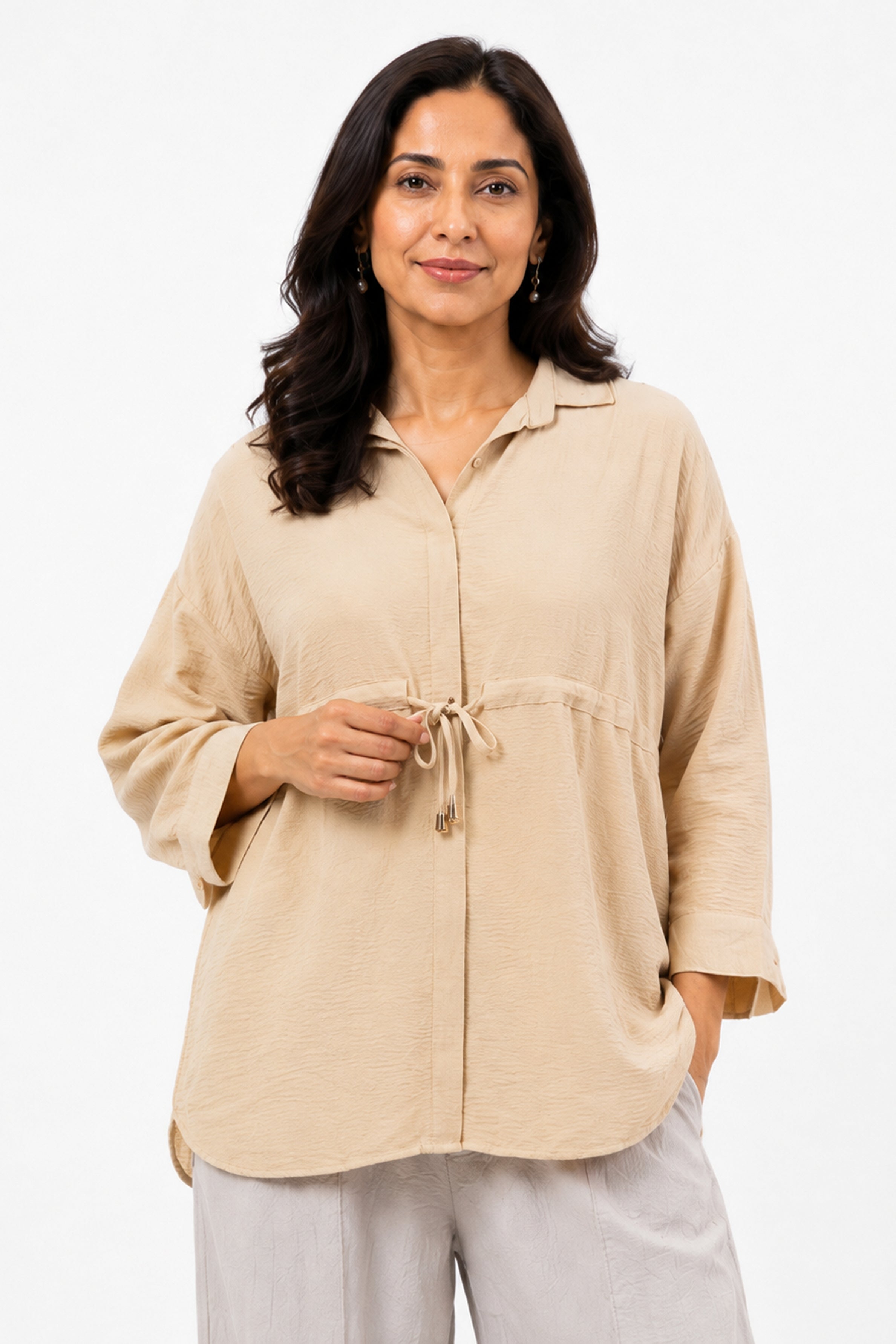 HADA Casual Relaxed Fit Button-Front Peplum Top - Beige