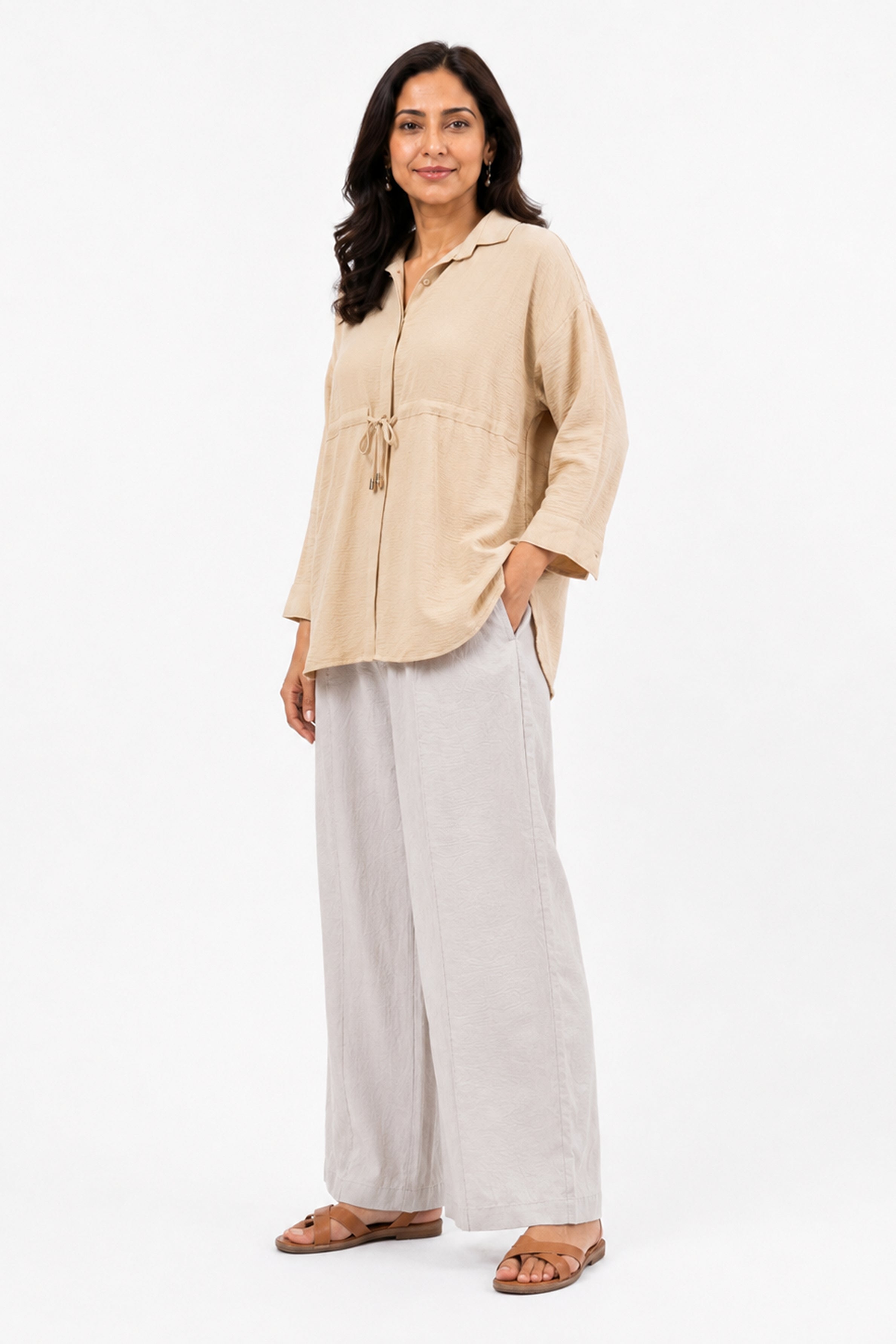 HADA Casual Relaxed Fit Button-Front Peplum Top - Beige