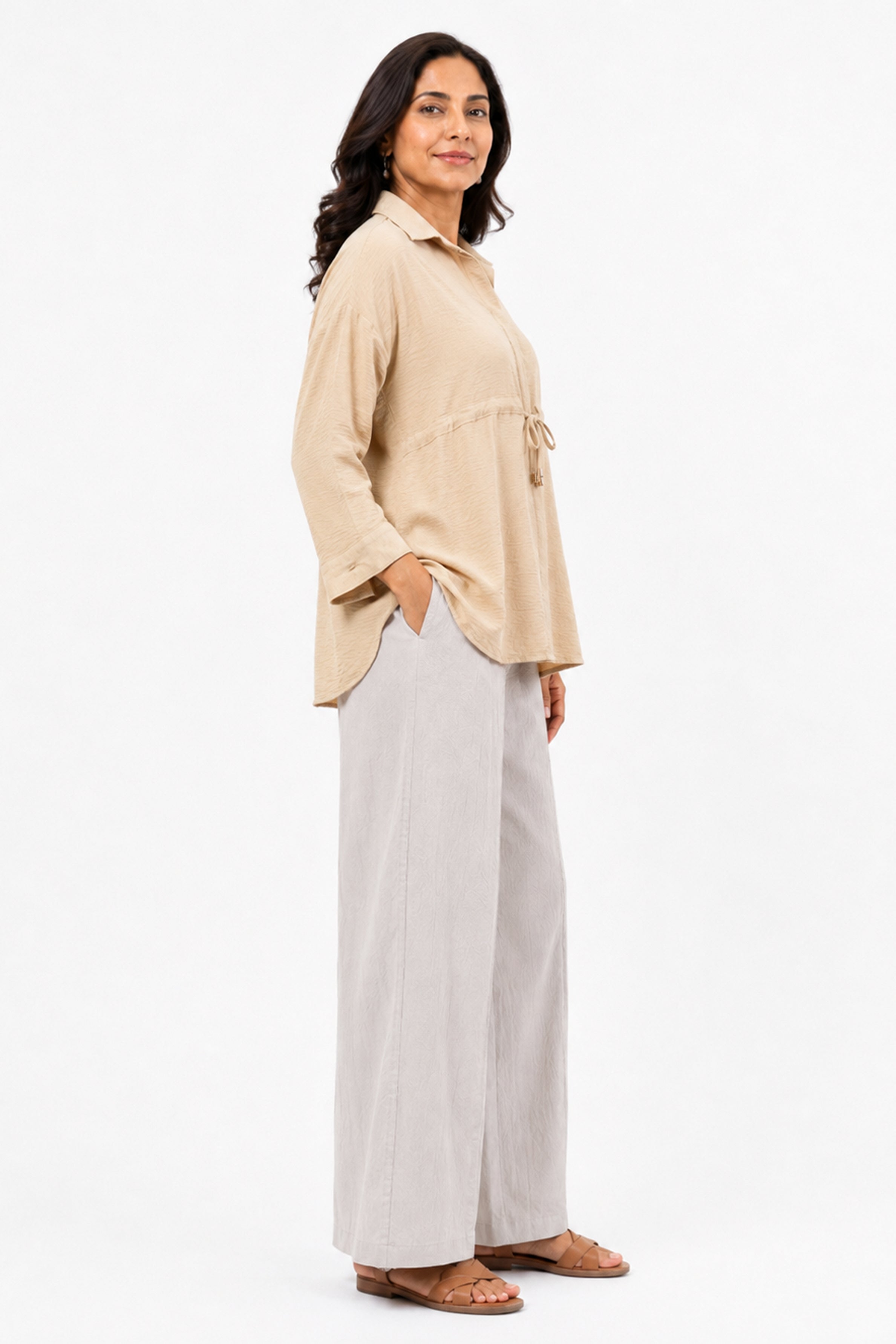 HADA Casual Relaxed Fit Button-Front Peplum Top - Beige
