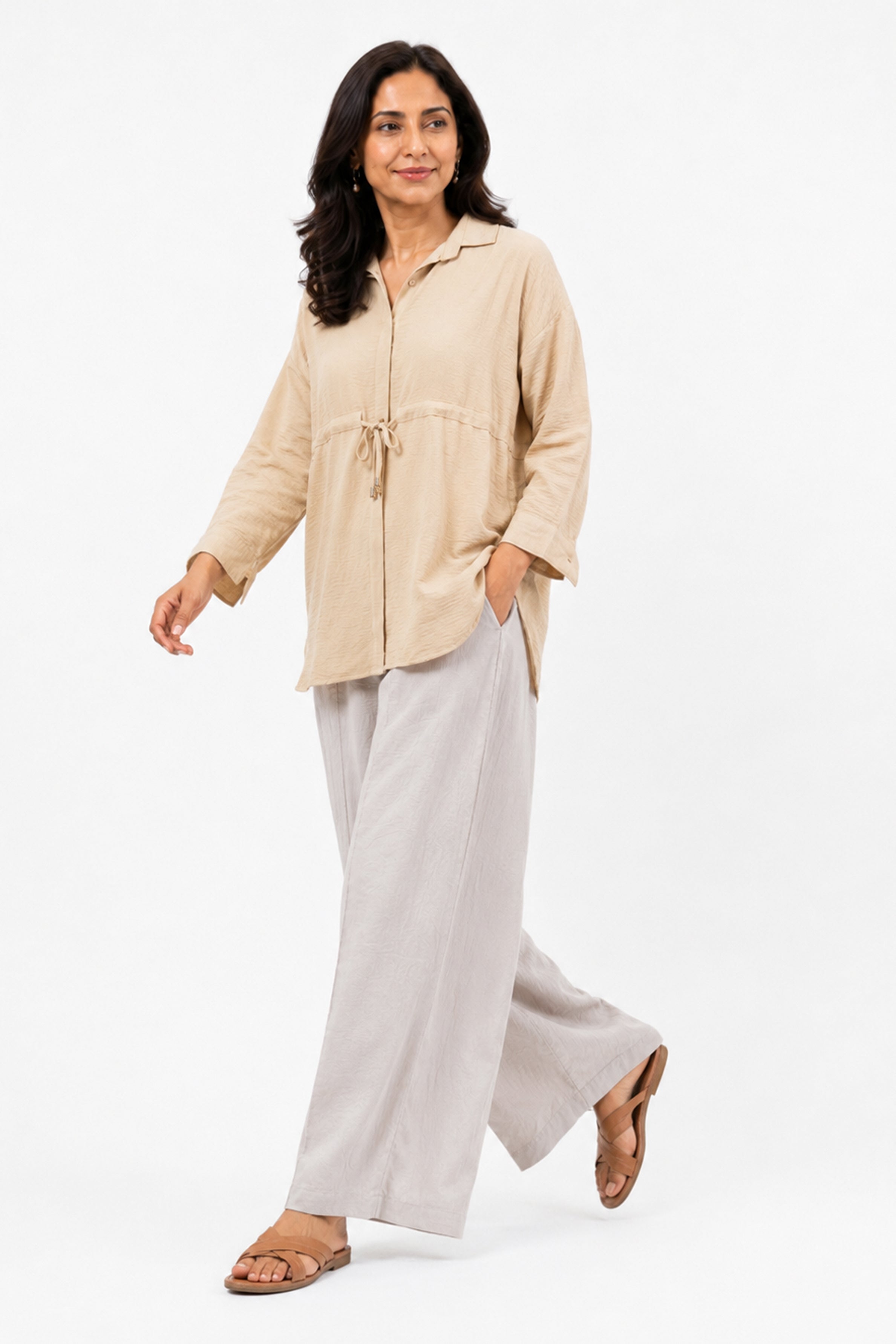 HADA Casual Relaxed Fit Button-Front Peplum Top - Beige