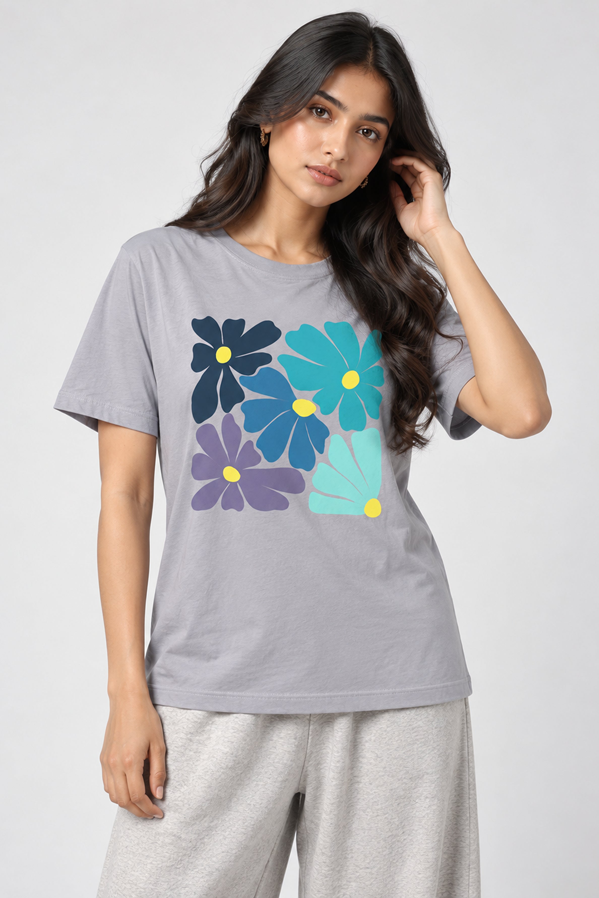 LOLI Women's Crew Neck Regular Tees - Ash