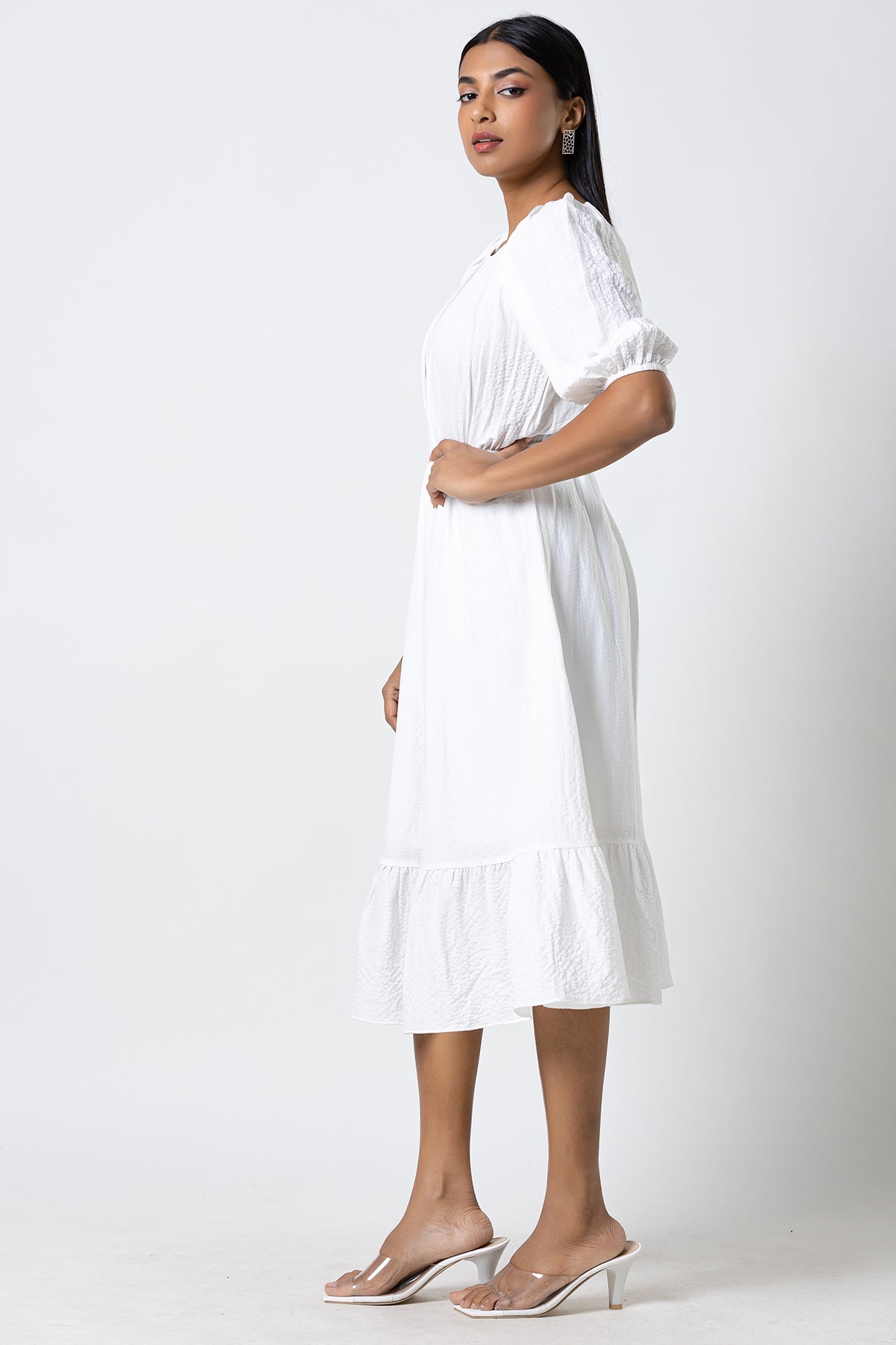 Envogue Women's Midi Length Puff Sleeve Casual Dress