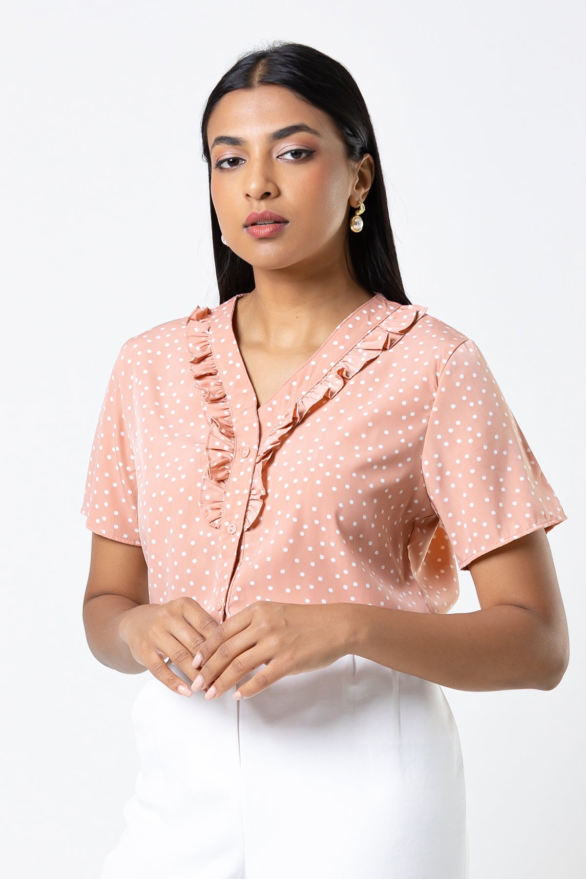 Envogue Women's Short Sleeve With Frill Dotted Office Blouse