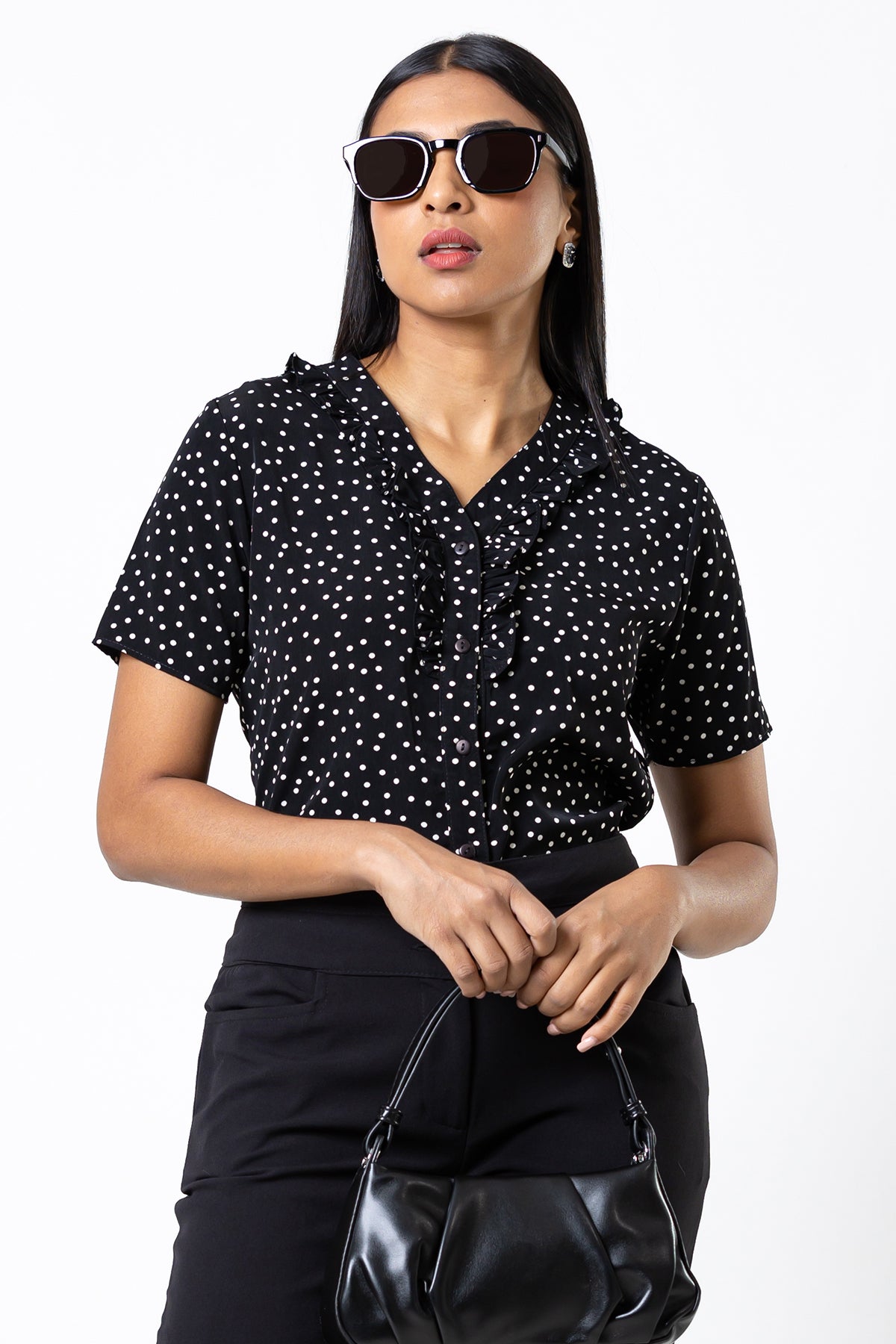 Envogue Women's Short Sleeve With Frill Dotted Office Blouse