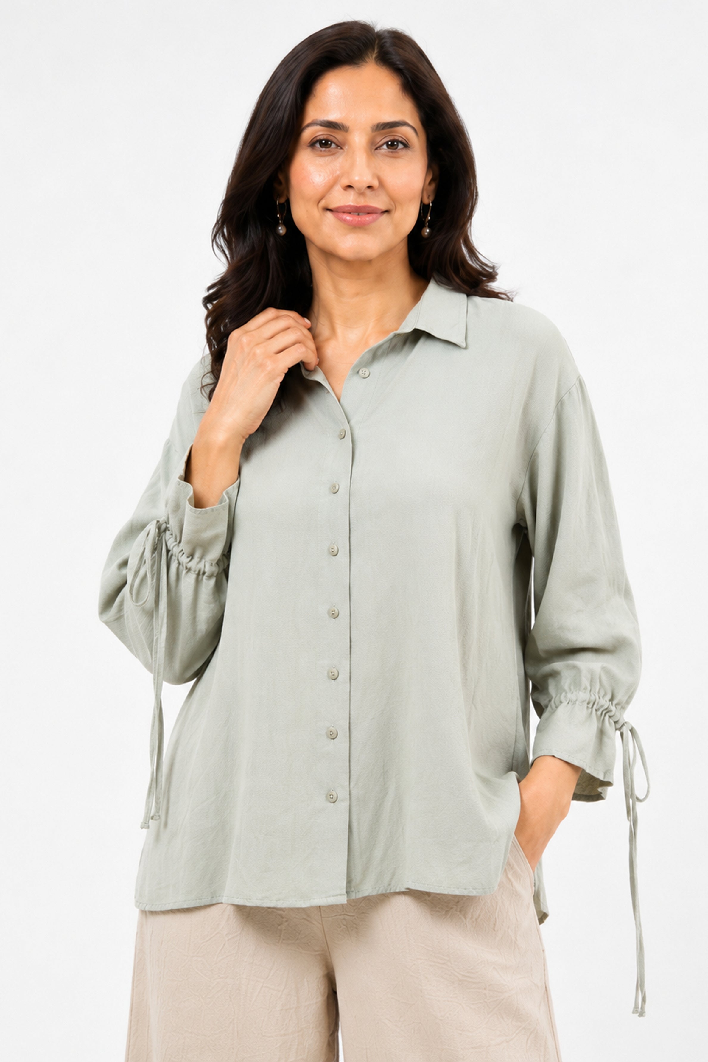 HADA Casual Relaxed Fit Button-Front Top - Mint Green