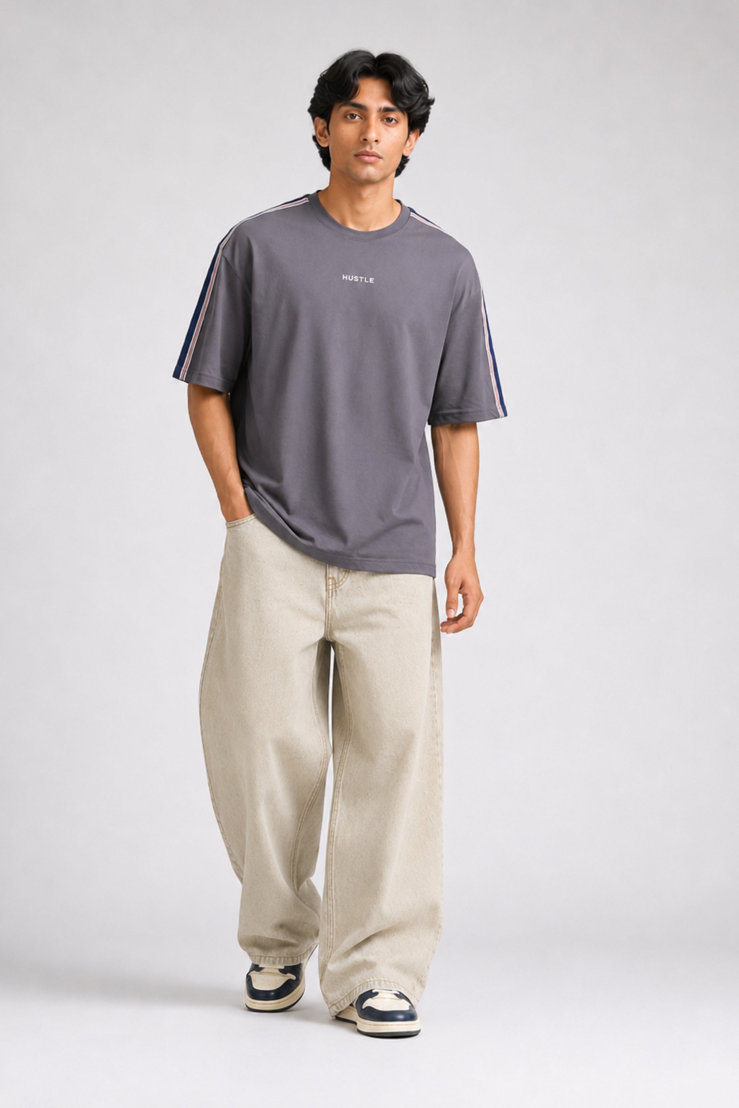 HUSTLE Men's Crew Neck Oversized Tees - Dark Gray