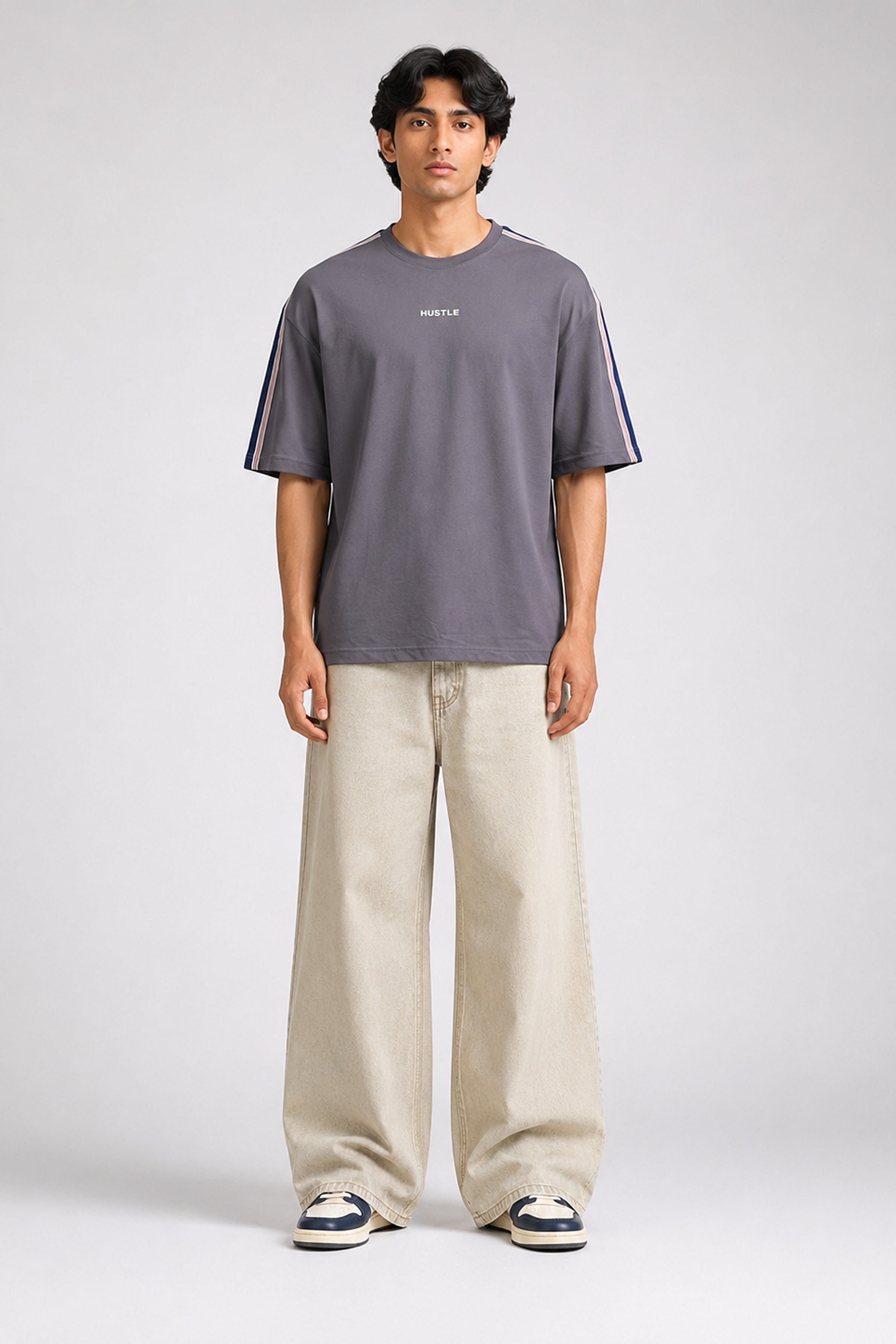 HUSTLE Men's Crew Neck Oversized Tees - Dark Gray