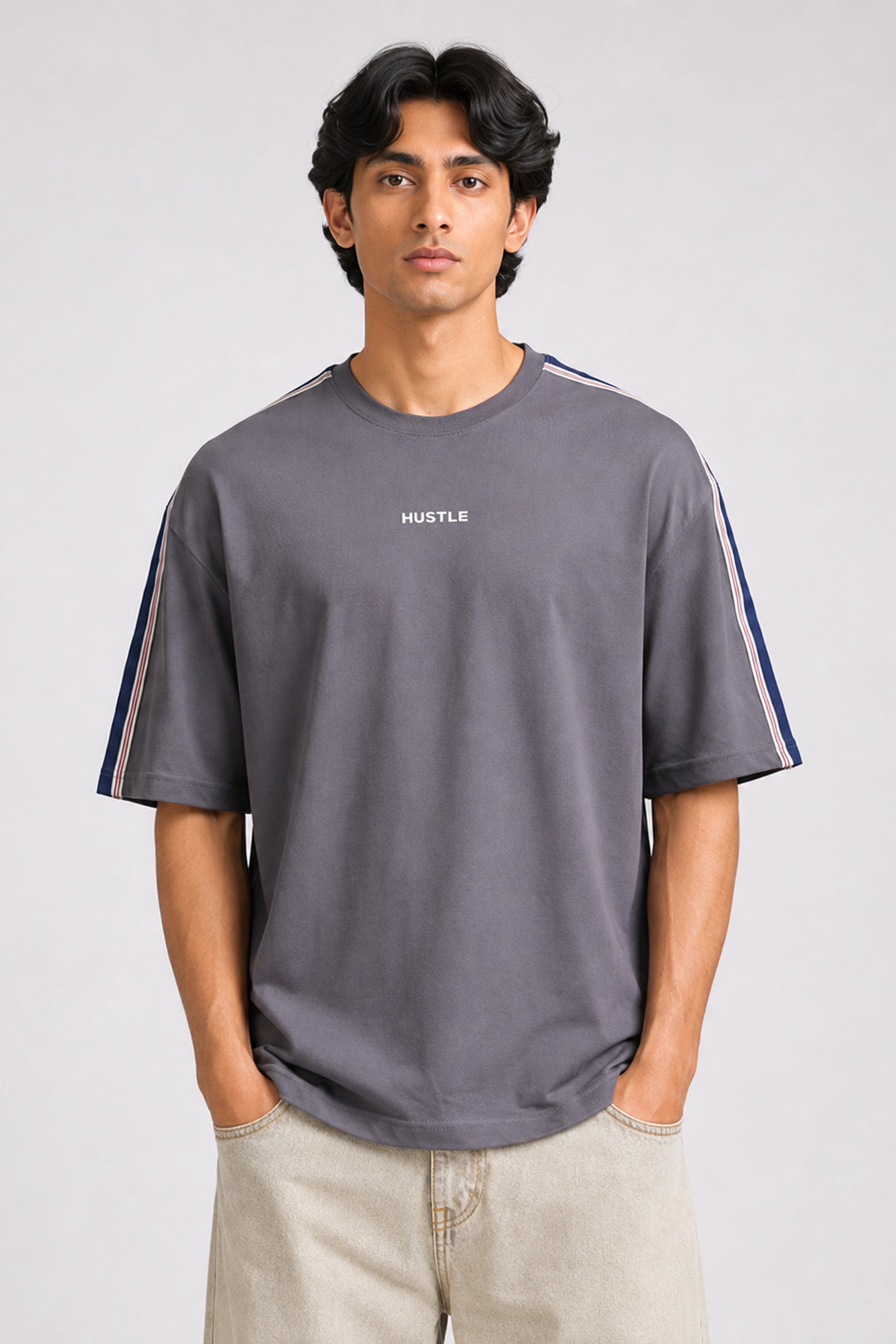 HUSTLE Men's Crew Neck Oversized Tees - Dark Gray
