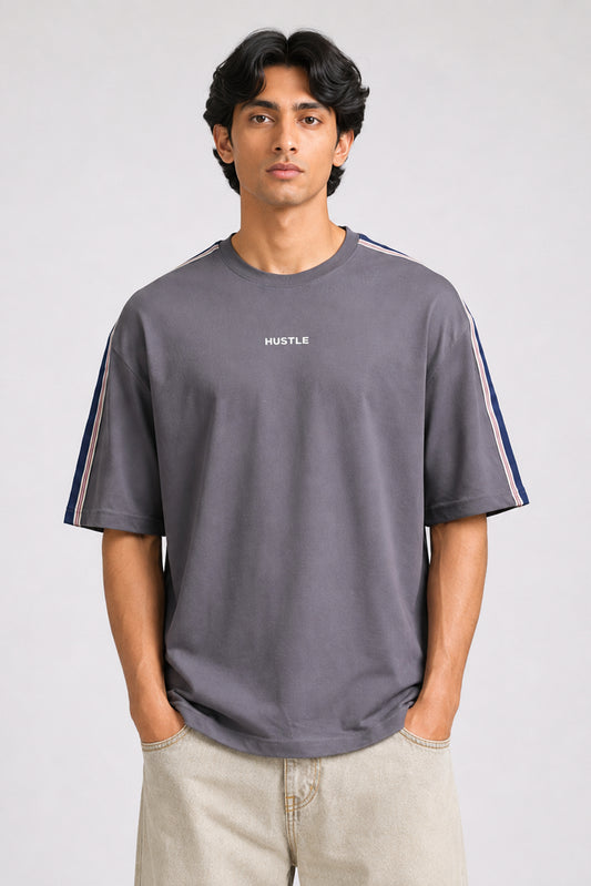 HUSTLE men's dark grey oversized crew neck T-shirt in 220 GSM cotton blend