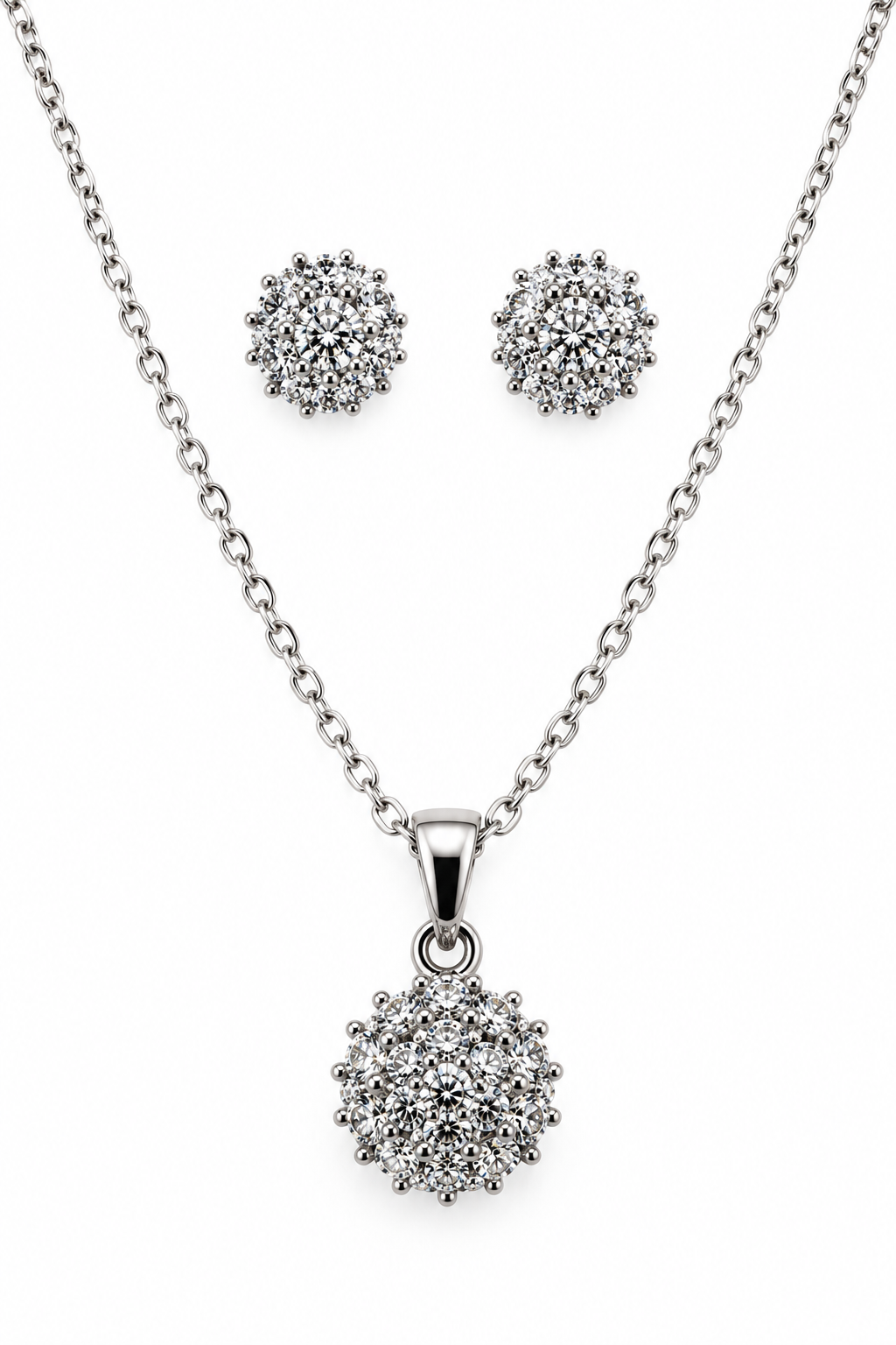 Women's Crystal Cluster Stud Earrings &amp; Pendant Necklace Set – Silver