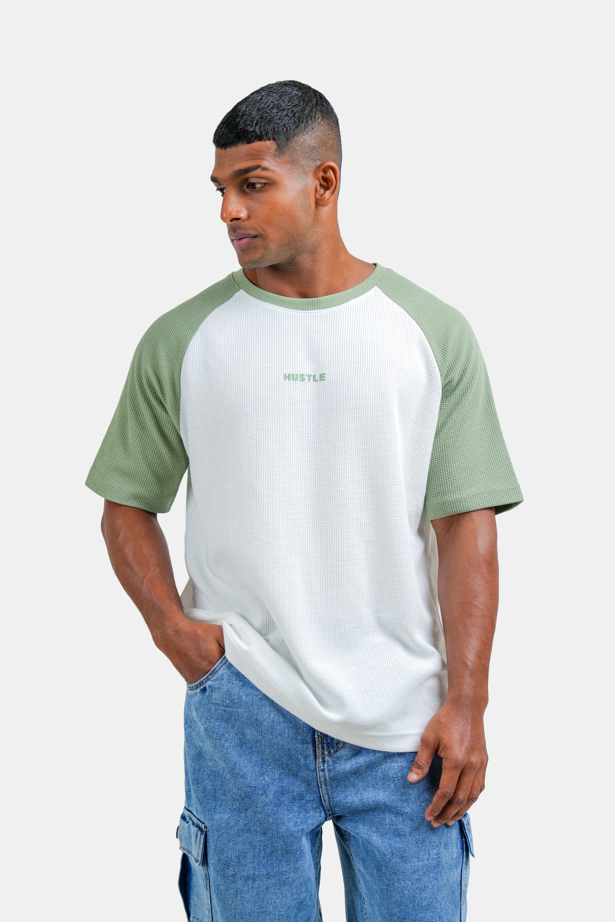 Hustle Men's Crew Neck T-Shirt - Cloud Dancer, Naval Academy & Green