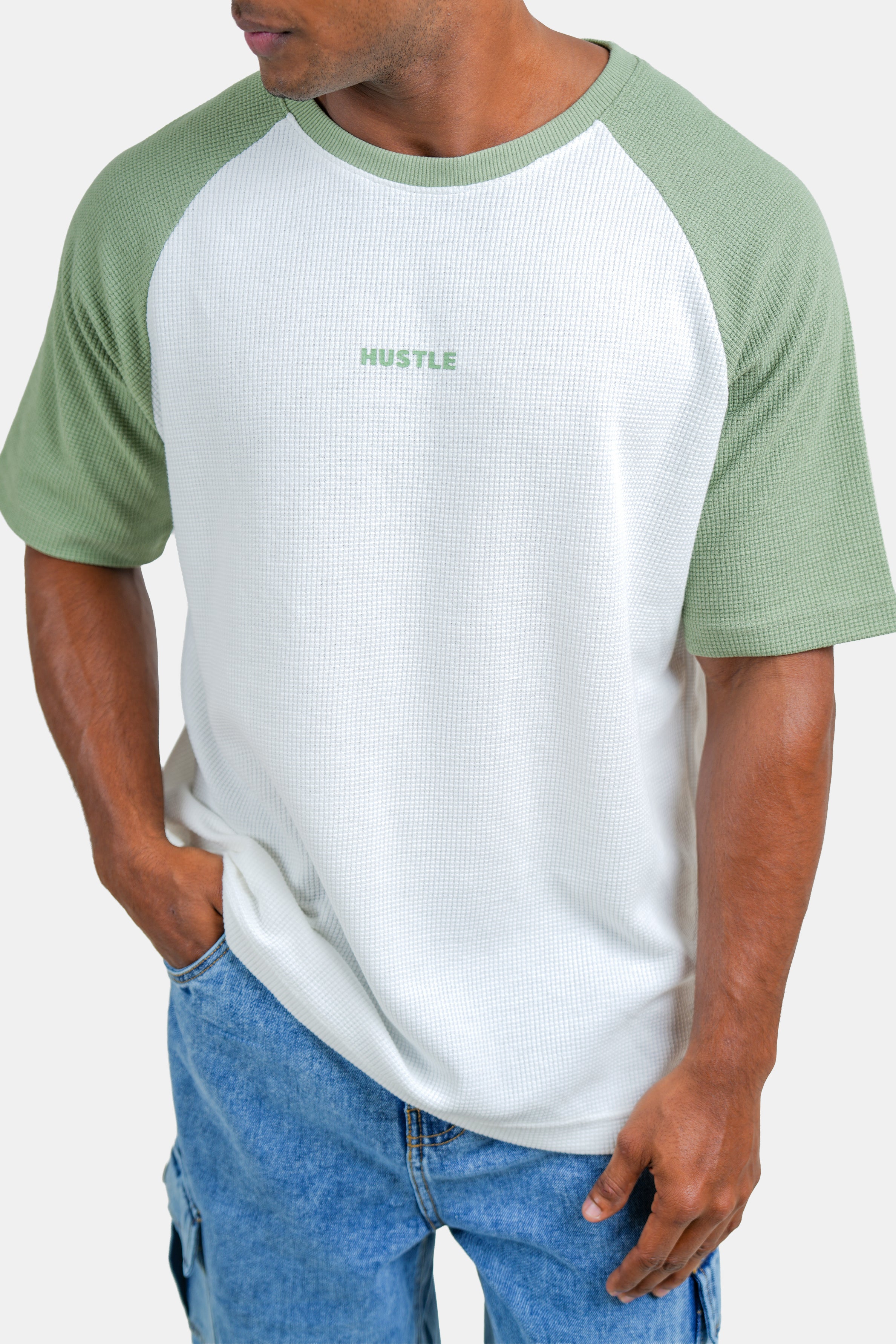 Hustle Men's Crew Neck T-Shirt - Cloud Dancer, Naval Academy & Green