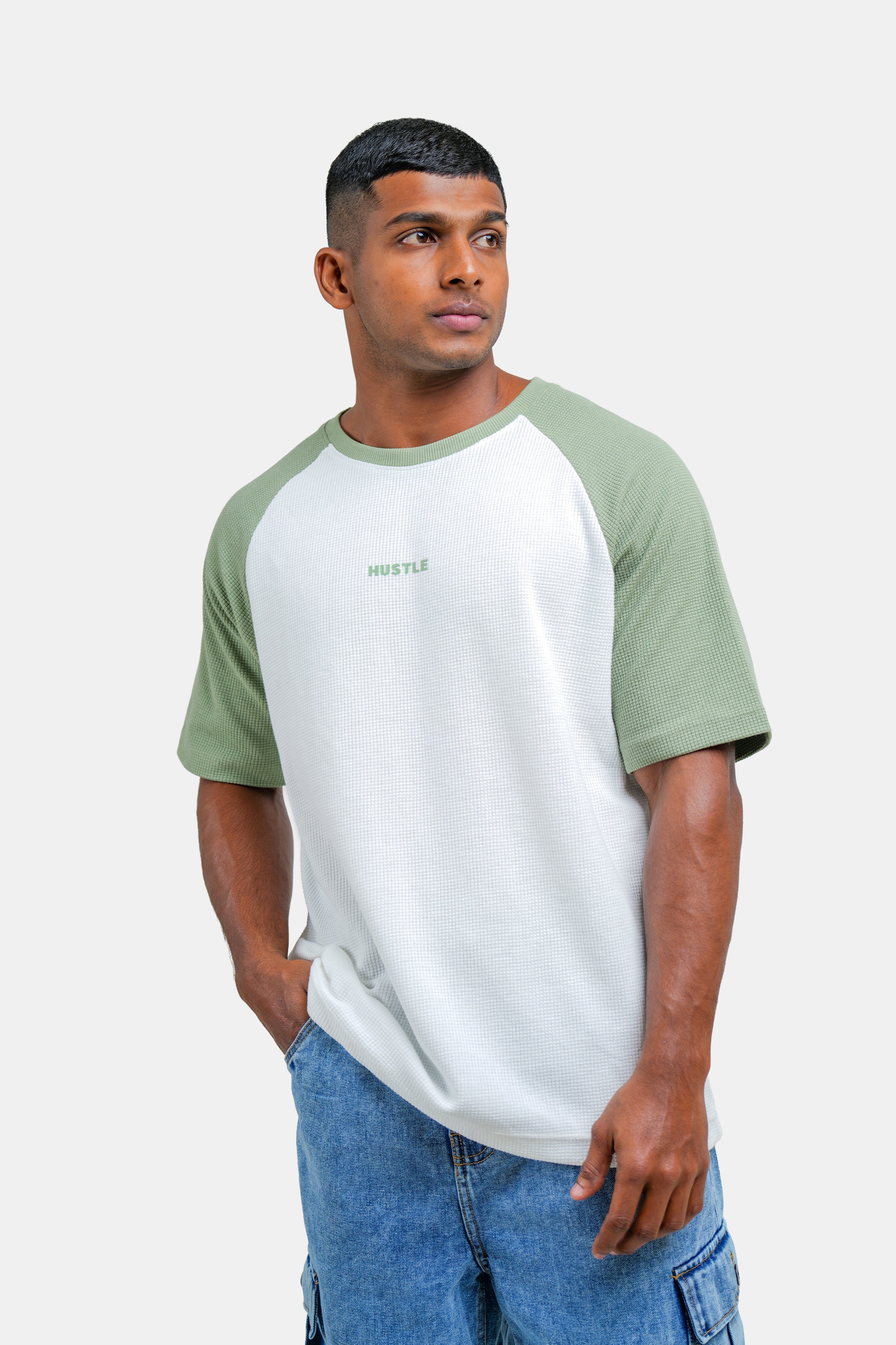 Hustle Men's Crew Neck T-Shirt - Cloud Dancer, Naval Academy & Green