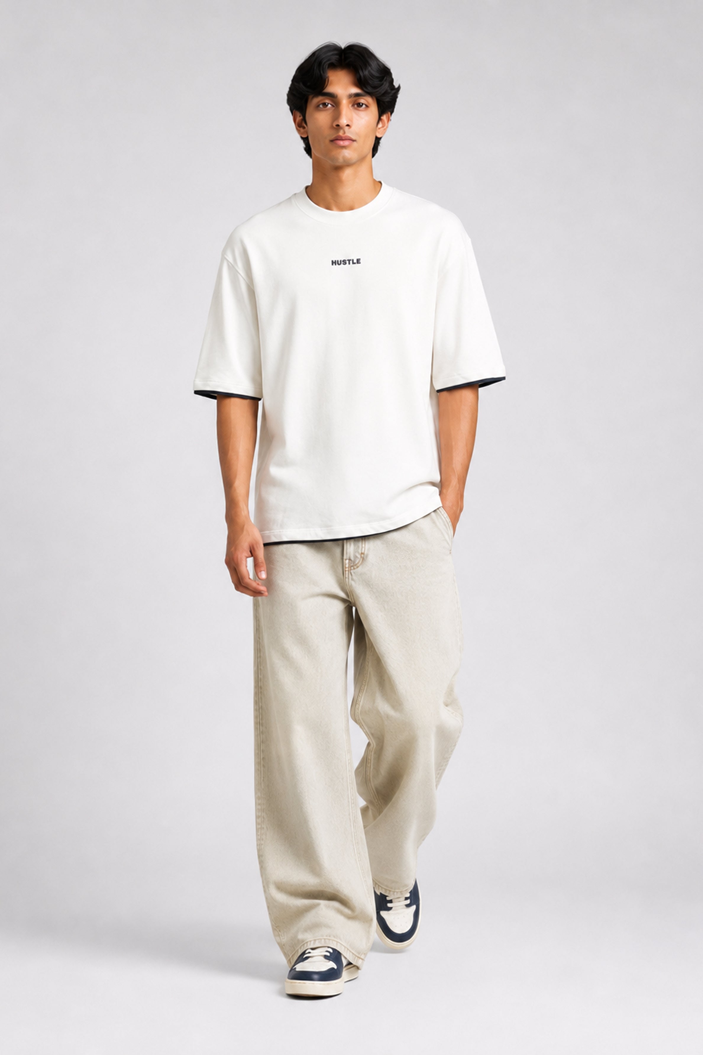 HUSTLE Men's Crew Neck Oversized Tees - White