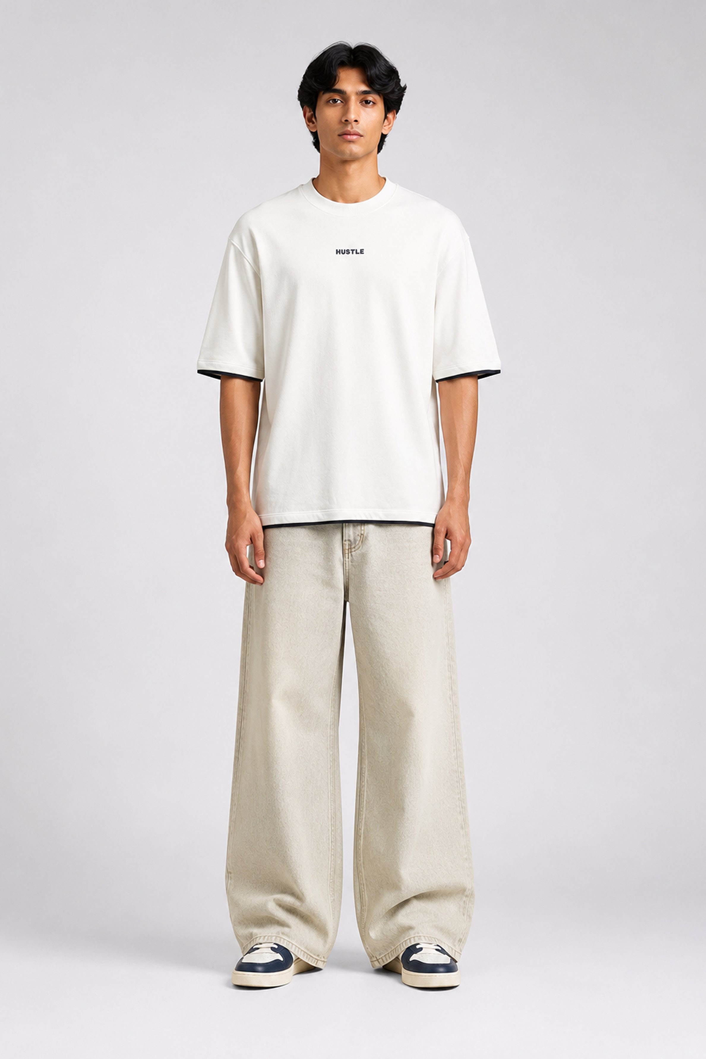 HUSTLE Men's Crew Neck Oversized Tees - White