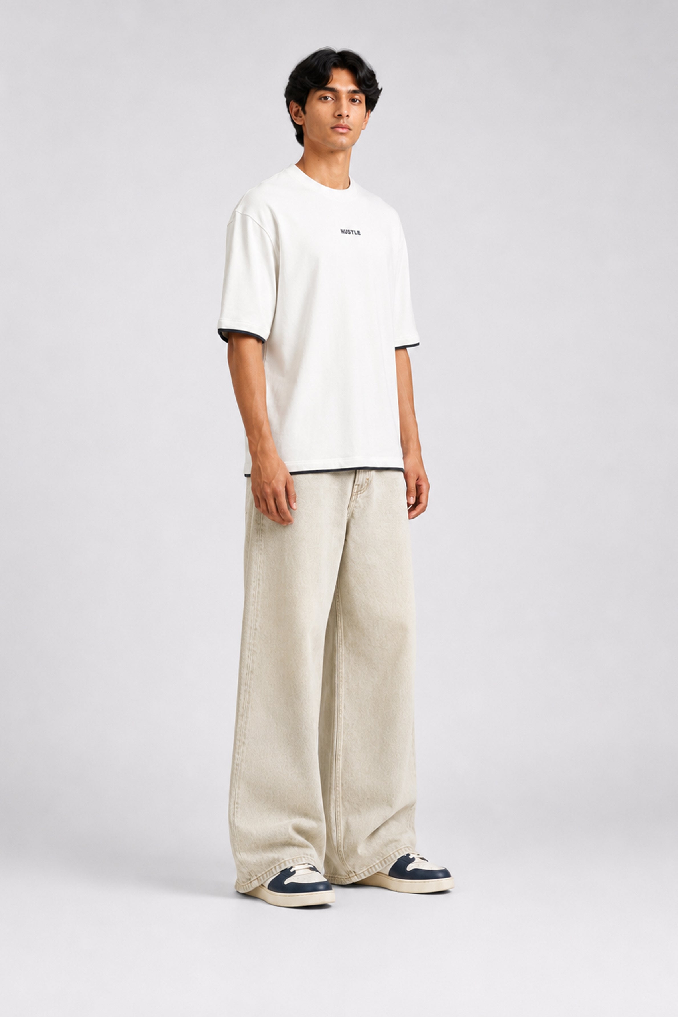 HUSTLE Men's Crew Neck Oversized Tees - White