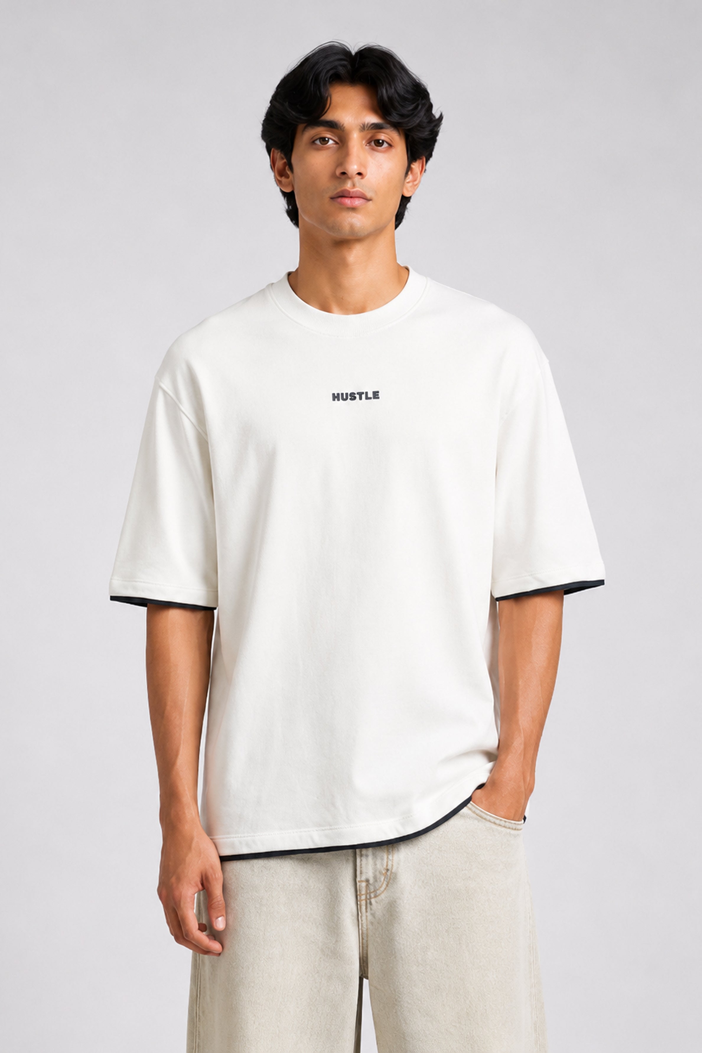 HUSTLE men's white oversized crew neck T-shirt in 220 GSM cotton blend