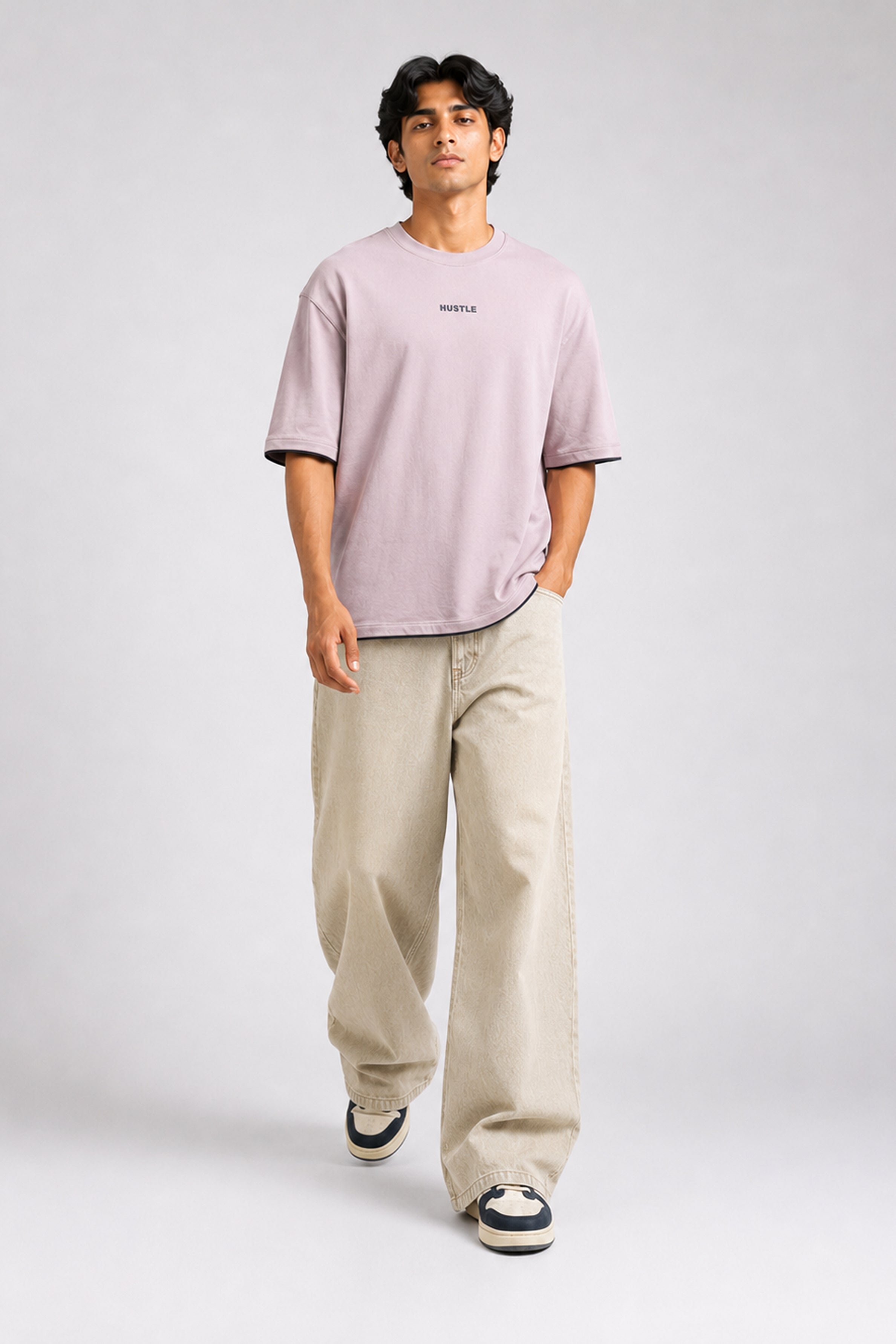 HUSTLE Men's Crew Neck Oversized Tees - Dull Pink