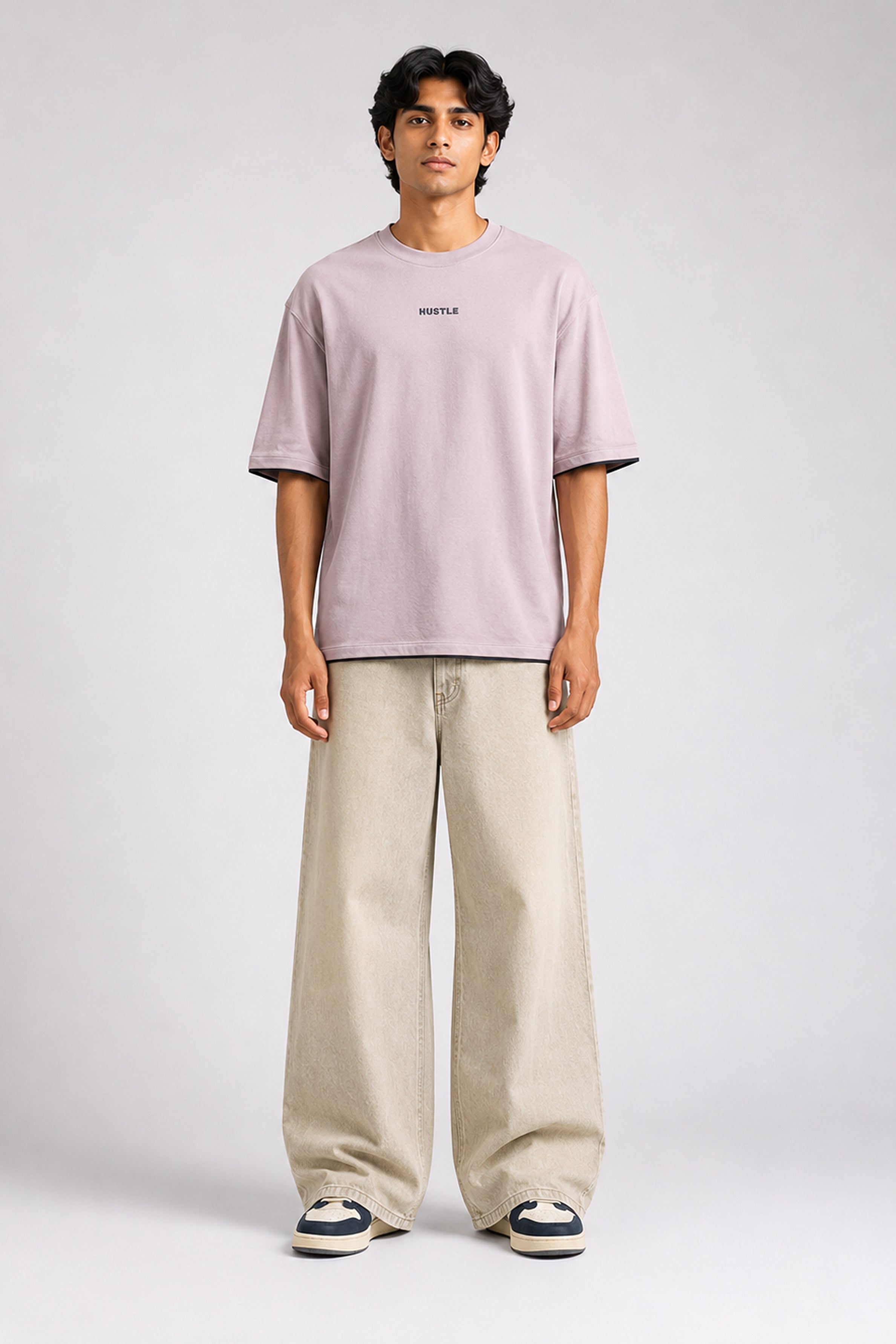 HUSTLE Men's Crew Neck Oversized Tees - Dull Pink