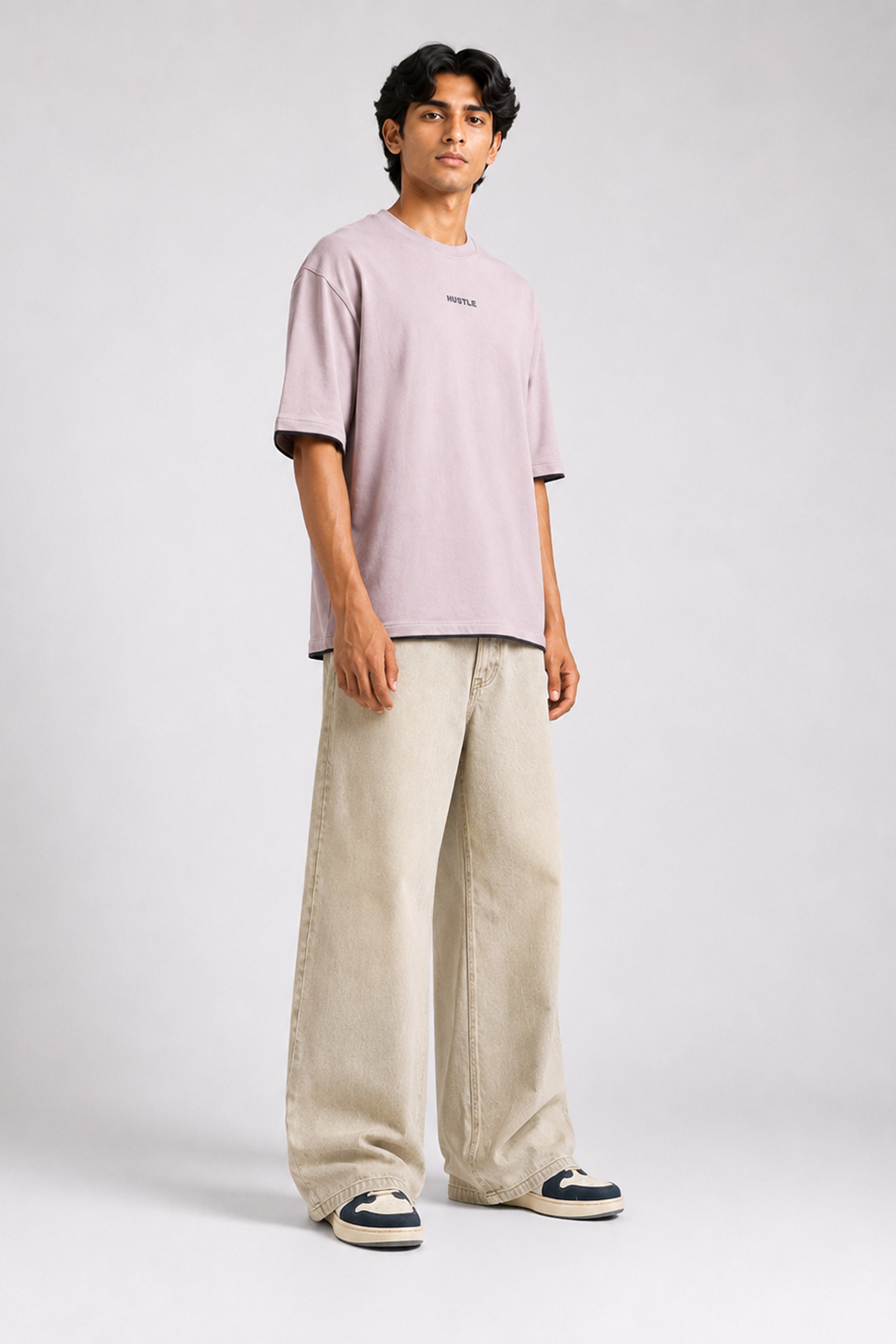 HUSTLE Men's Crew Neck Oversized Tees - Dull Pink