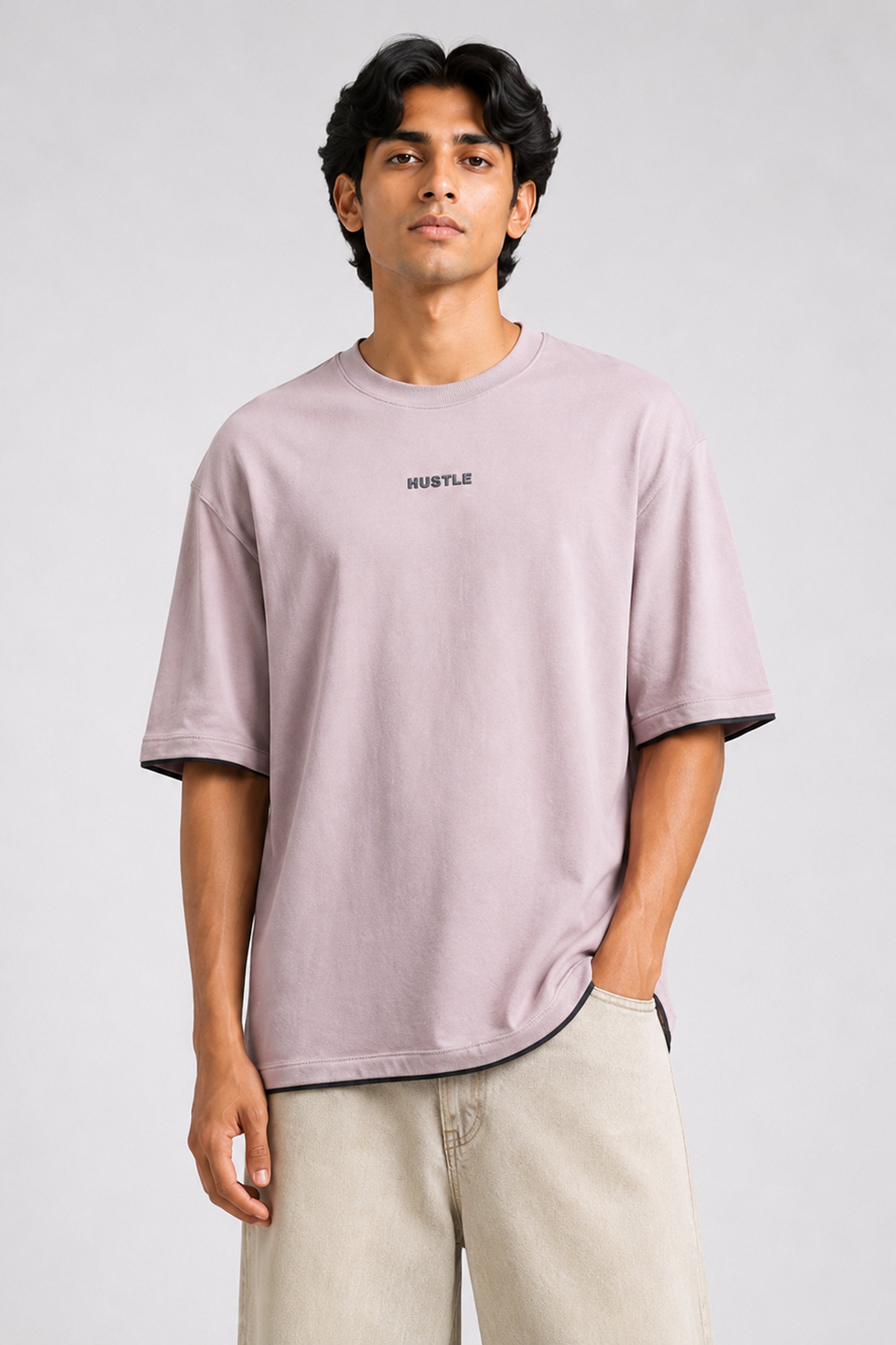 HUSTLE men's dull pink oversized crew neck T-shirt in 220 GSM cotton blend