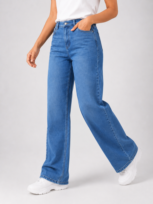 MODANO women's mid blue denim jeans with classic wash and functional leg pockets