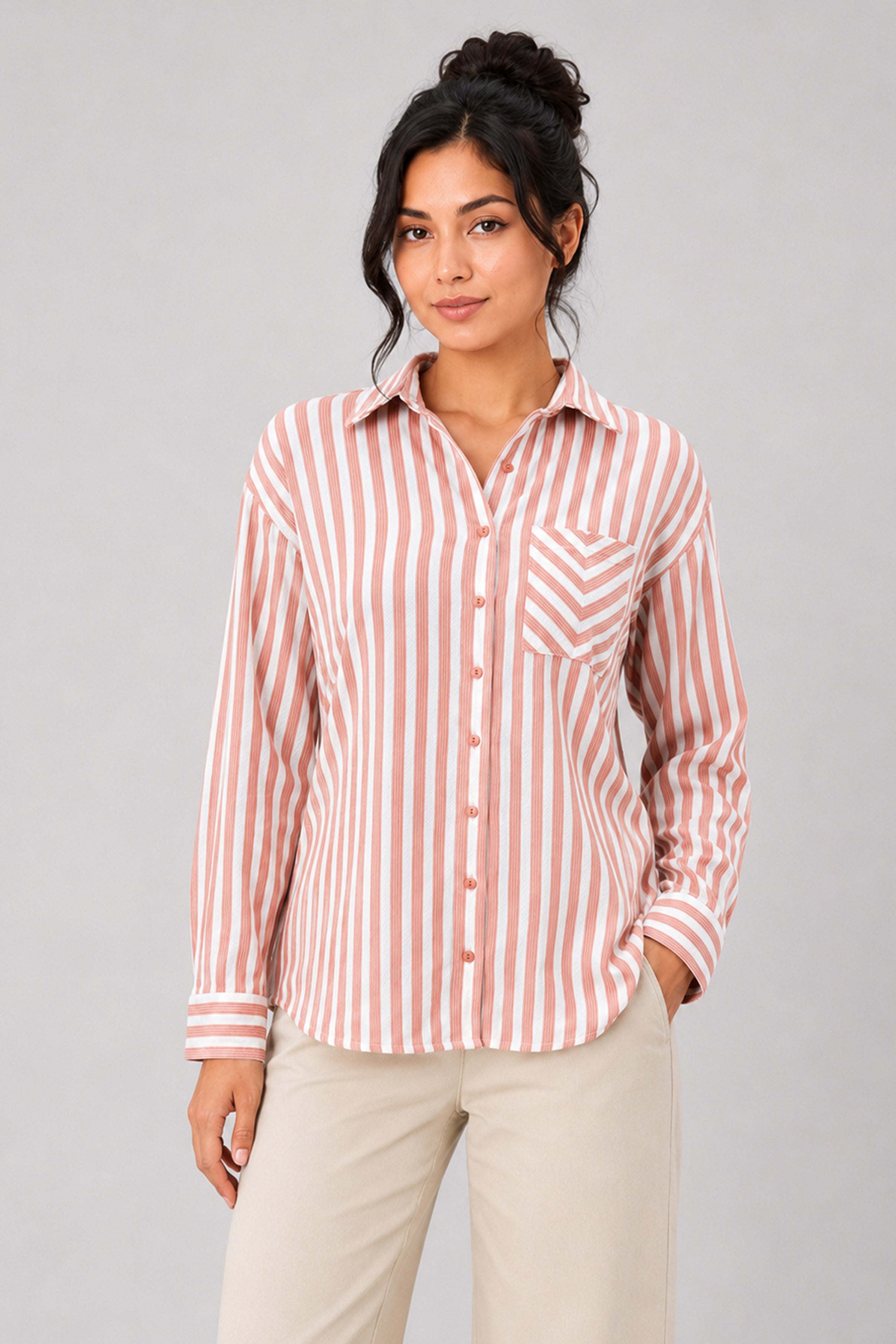 MODANO Casual Stripe Blouse  - Peach