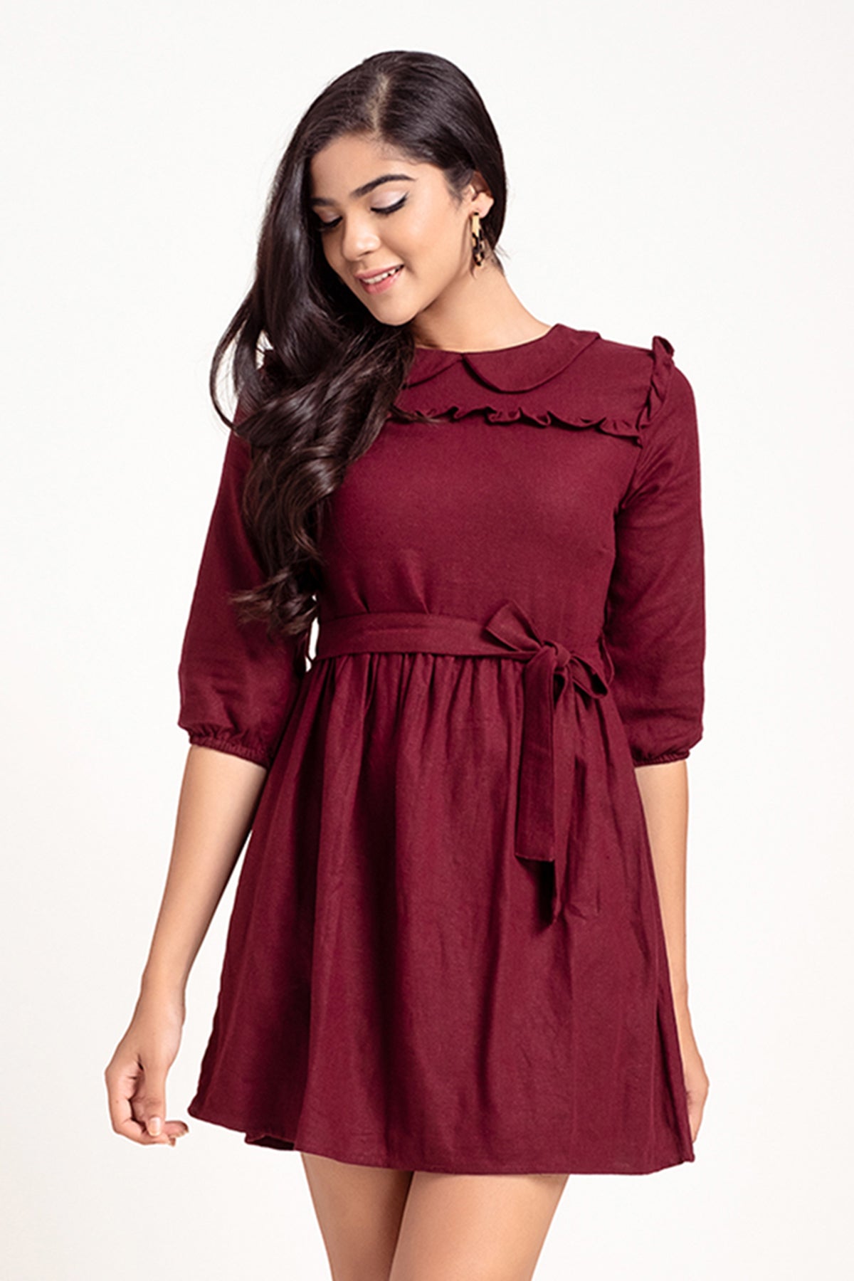 Modano Womens Front Frill Linen Short Dress (7687589298400)