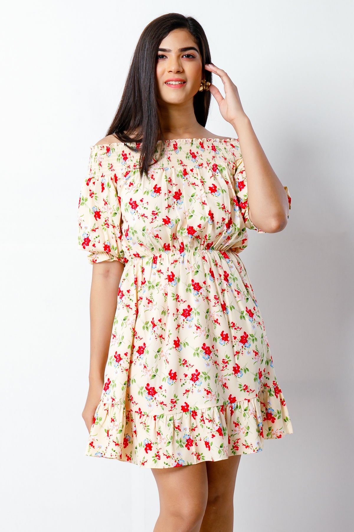 Modano Womens Puff Sleeve Casual Floral Dress (7890297258208)